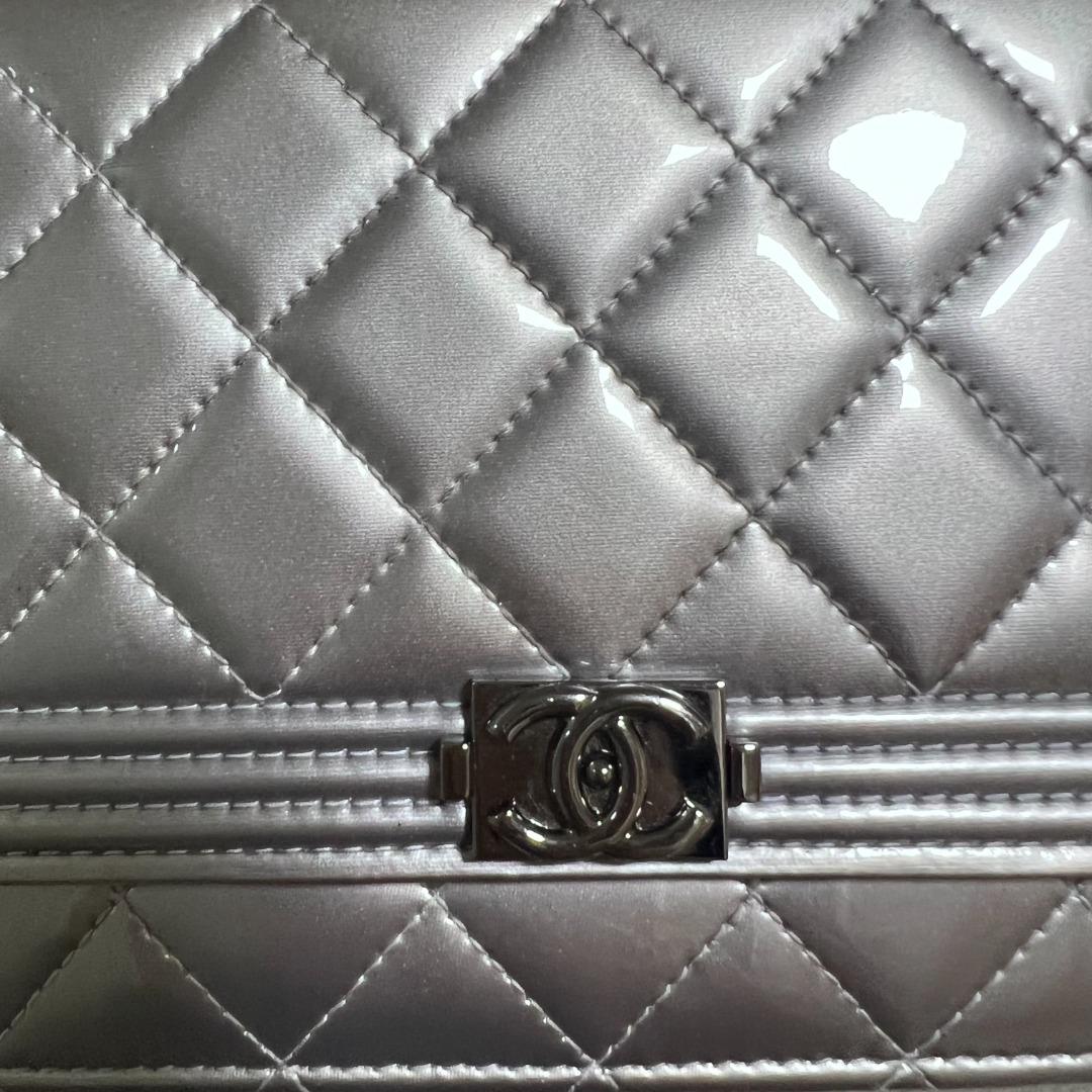 Chanel Boy Wallet On Chain WOC Patent Leather Silver - Luxury Evermore