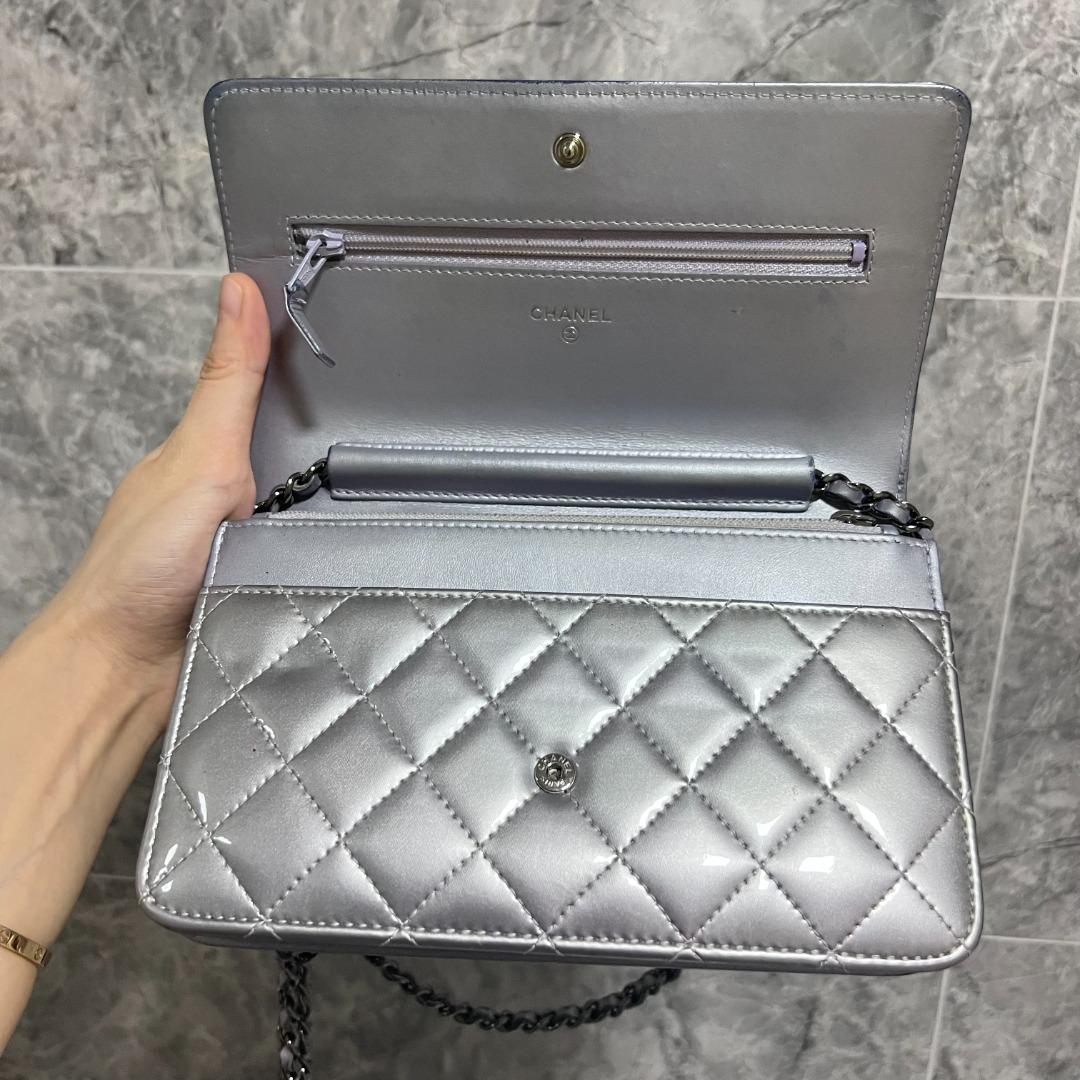 Chanel Boy Wallet On Chain WOC Patent Leather Silver - Luxury Evermore