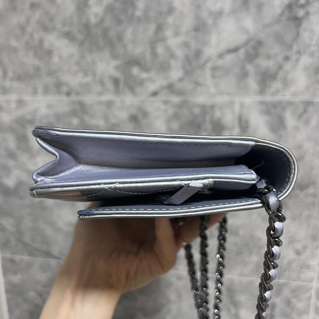 Chanel Boy Wallet On Chain WOC Patent Leather Silver - Luxury Evermore