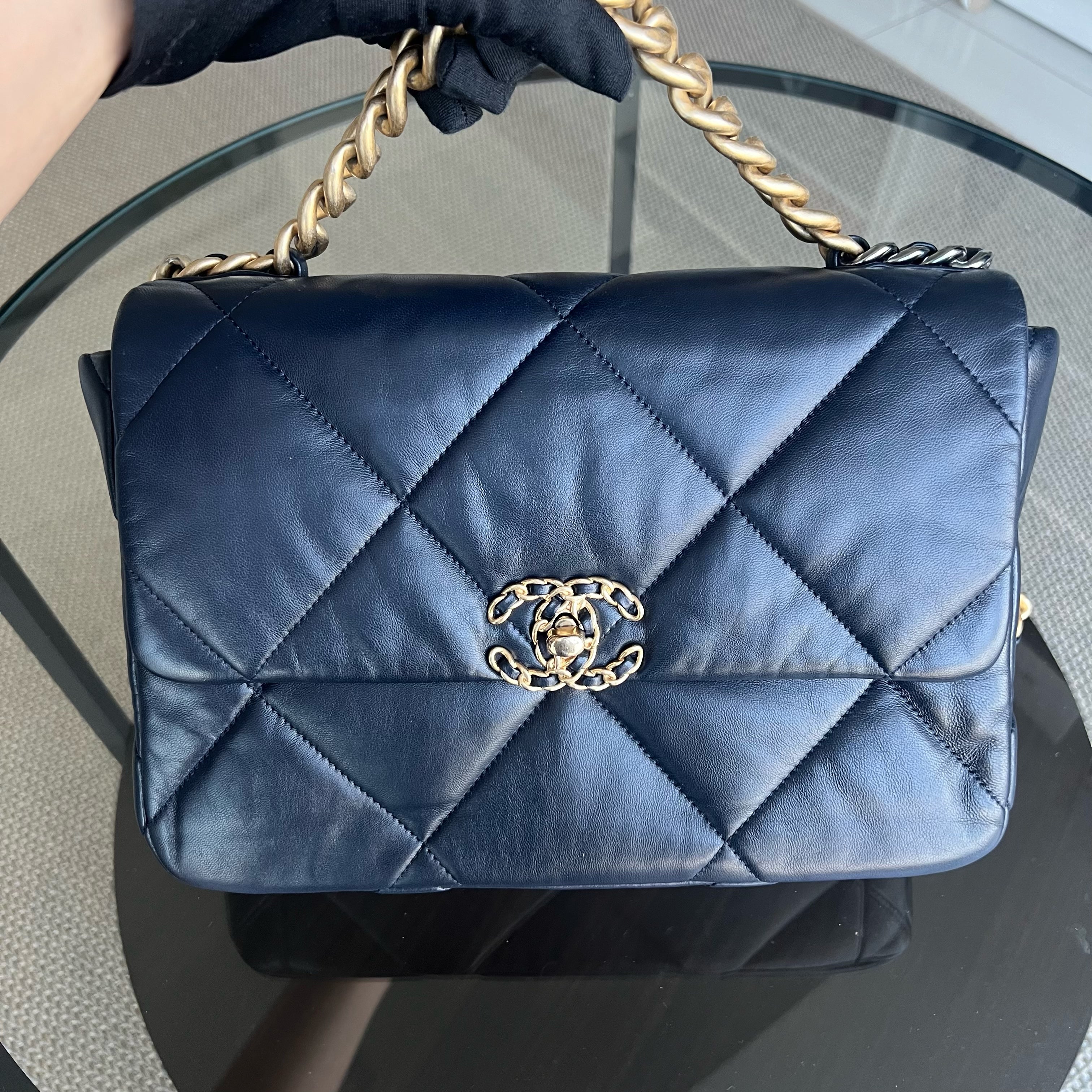 Chanel C19 Medium 19 Bag Quilted Goatskin Midnight Dark Blue Two-Tone Golden Hardware Series 30 - Luxury Evermore