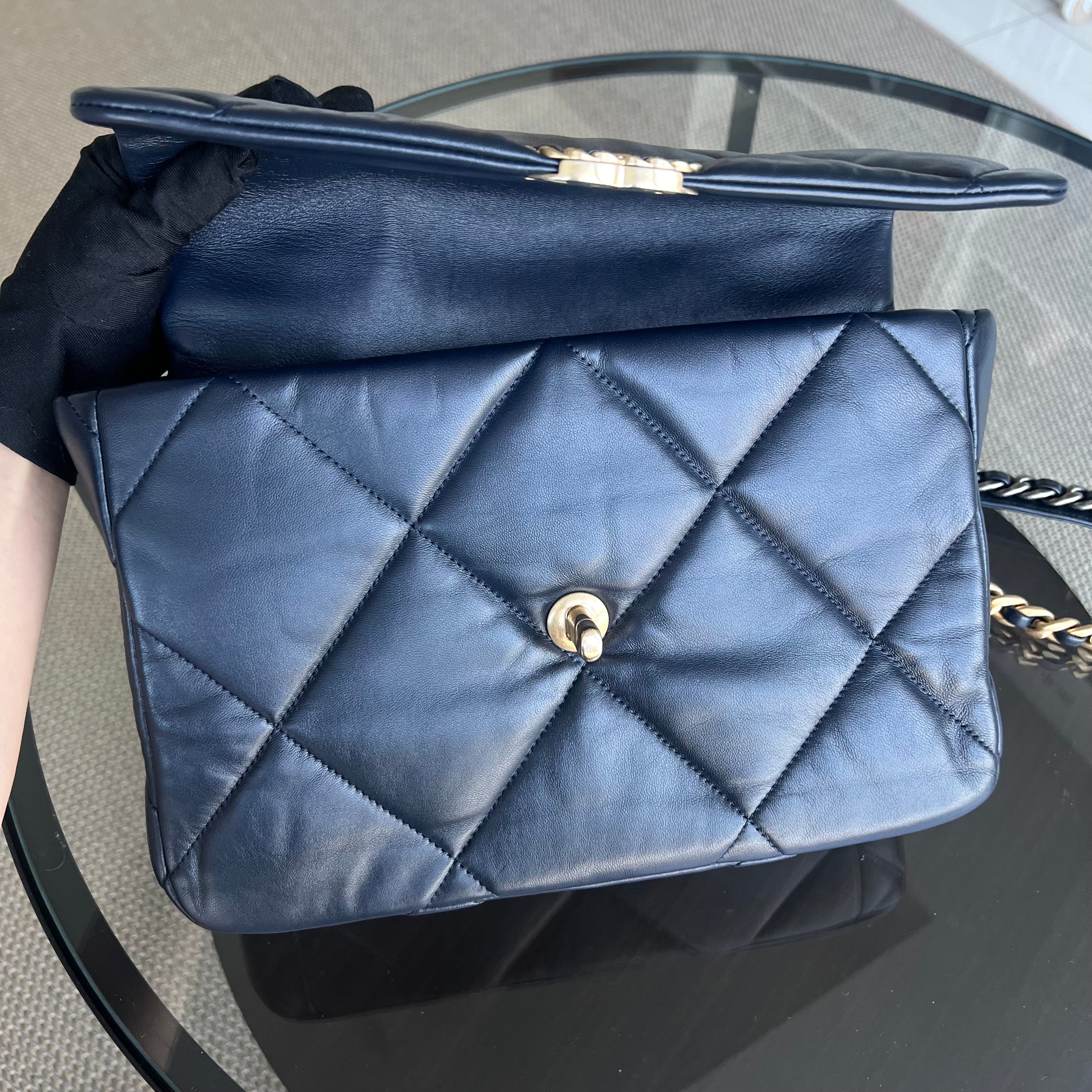 Chanel C19 Medium 19 Bag Quilted Goatskin Midnight Dark Blue Two-Tone Golden Hardware Series 30 - Luxury Evermore