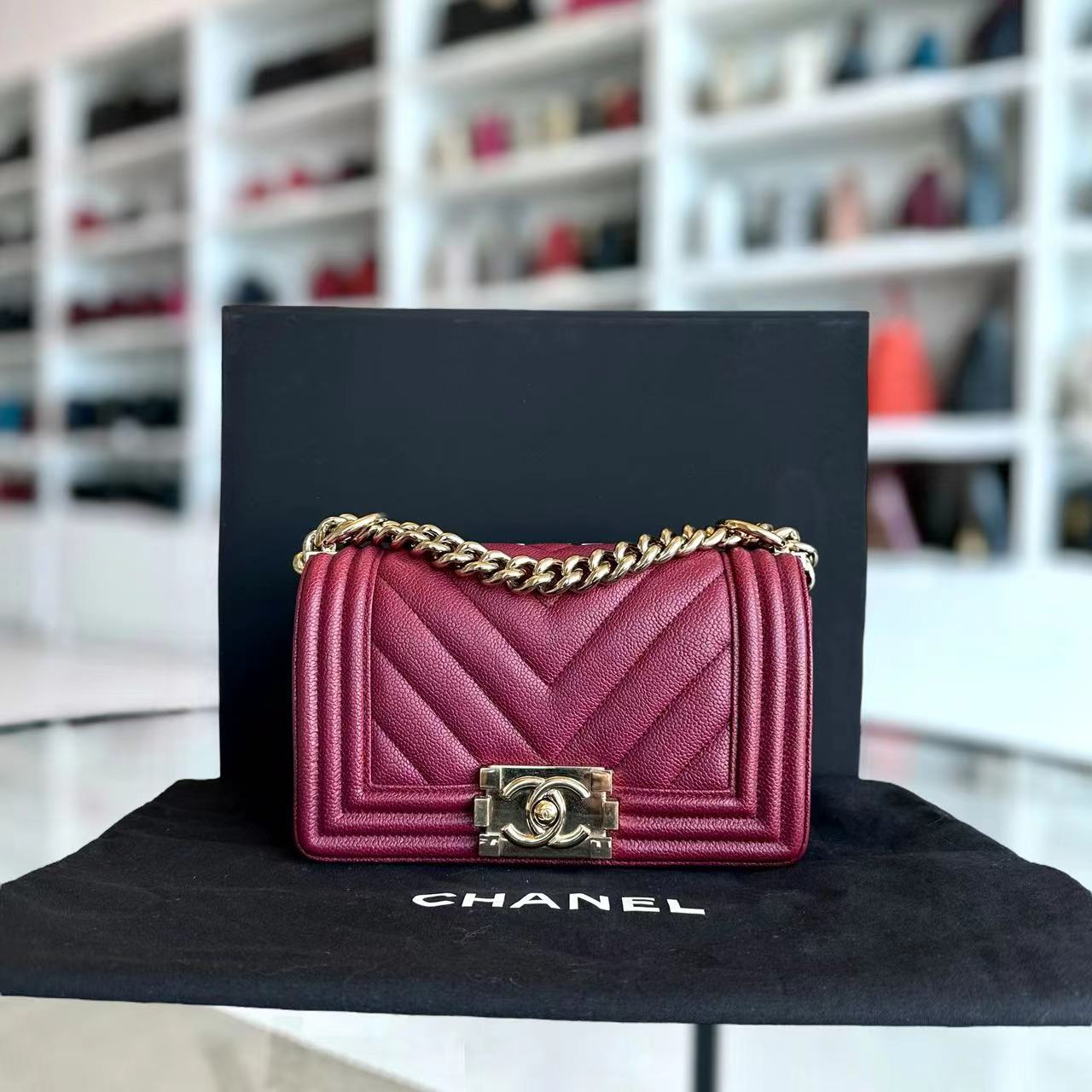 Chanel Caivar Boy Small Chevron Calfskin Burgundy Dark Red GHW No 24 - Luxury Evermore