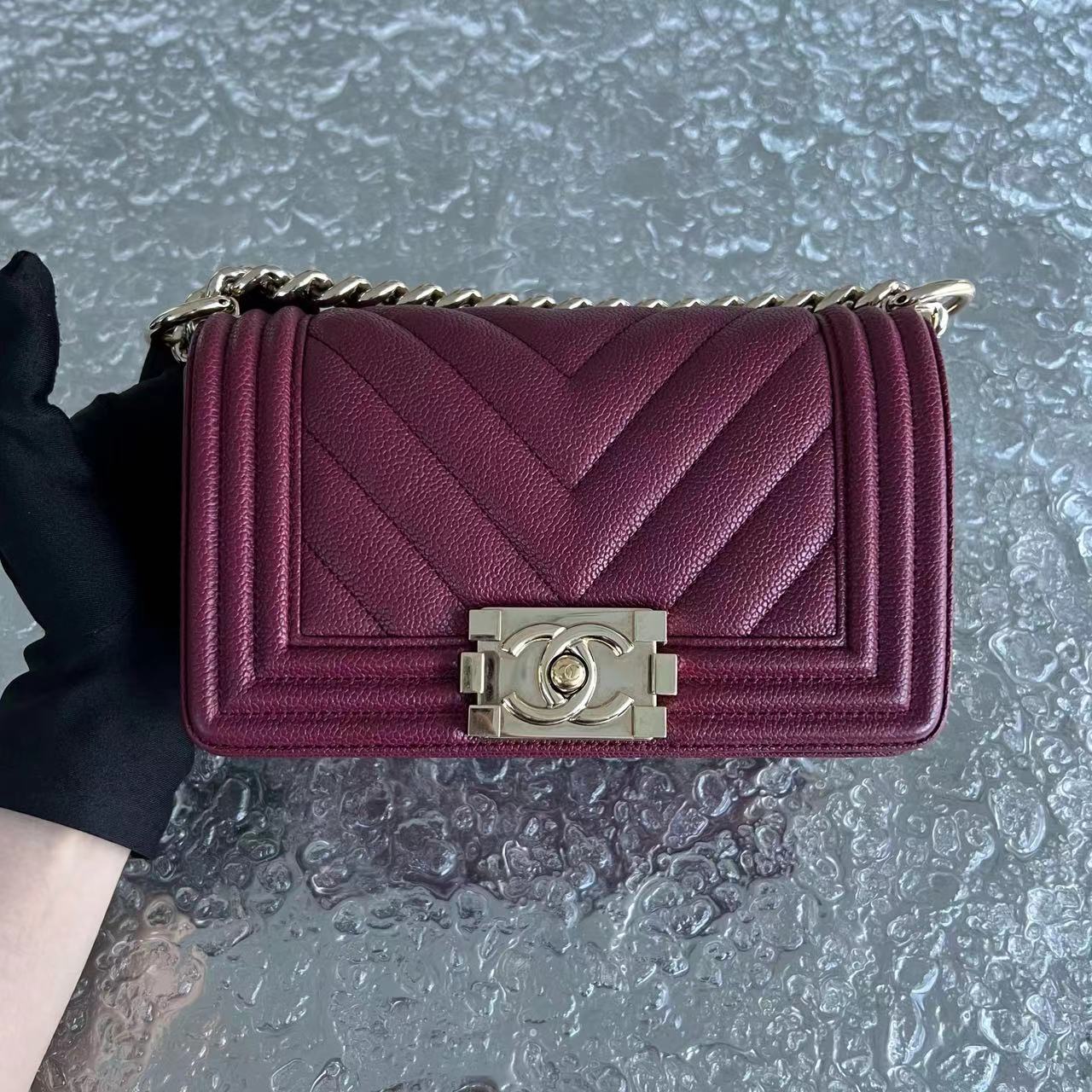 Chanel Caivar Boy Small Chevron Calfskin Burgundy Dark Red GHW No 24 - Luxury Evermore