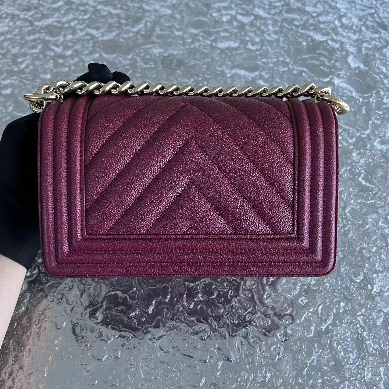 Chanel Caivar Boy Small Chevron Calfskin Burgundy Dark Red GHW No 24 - Luxury Evermore