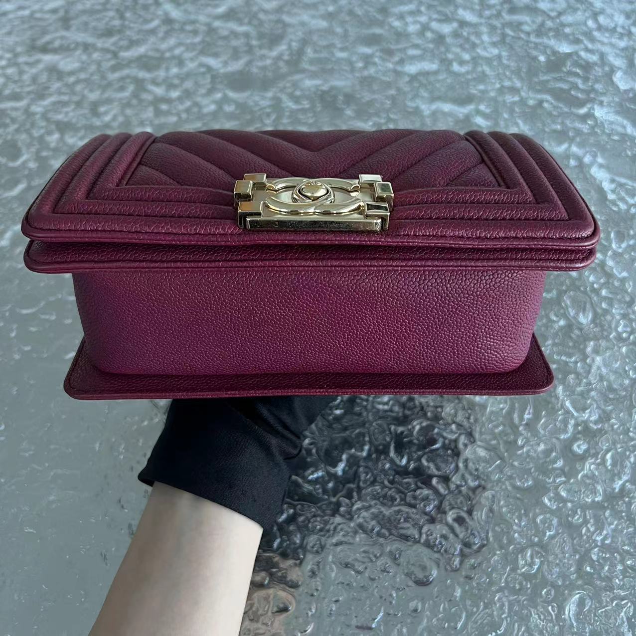 Chanel Caivar Boy Small Chevron Calfskin Burgundy Dark Red GHW No 24 - Luxury Evermore