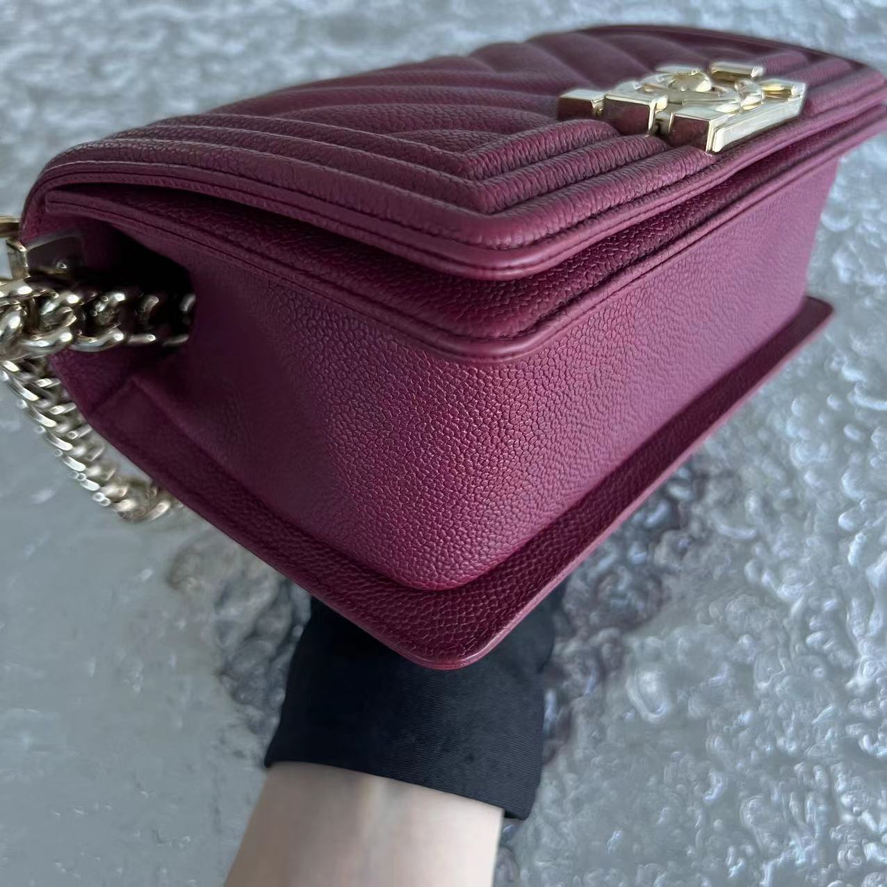 Chanel Caivar Boy Small Chevron Calfskin Burgundy Dark Red GHW No 24 - Luxury Evermore