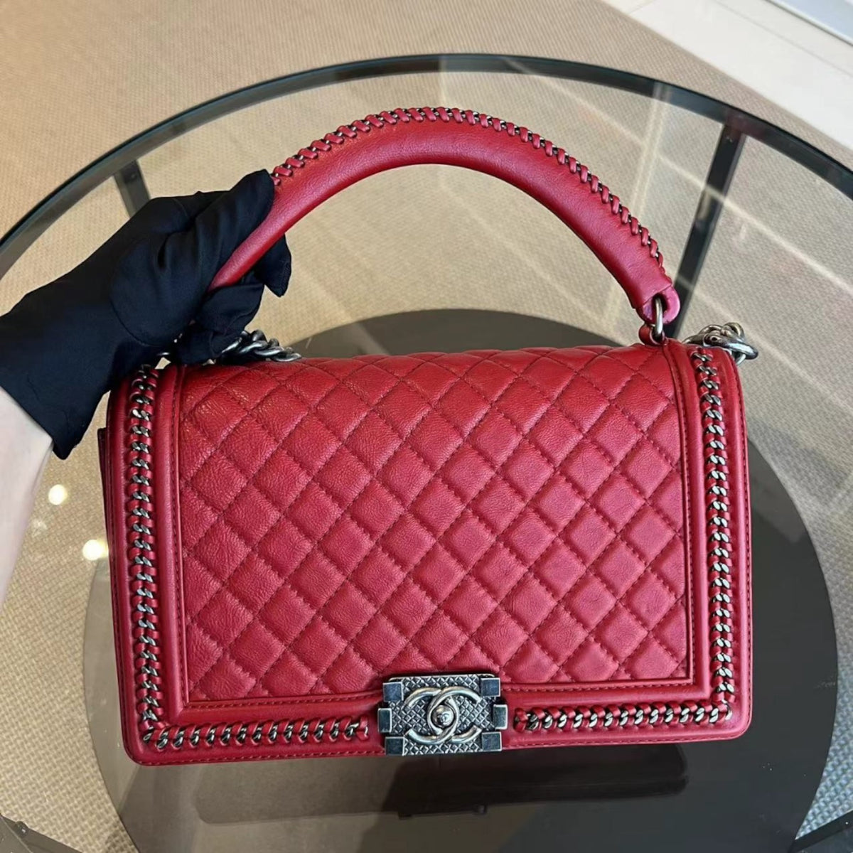 Chanel Calfskin Boy Handle New Medium 28CM Quilted Leboy Palladium Silver Hardware Series 23 - Luxury Evermore