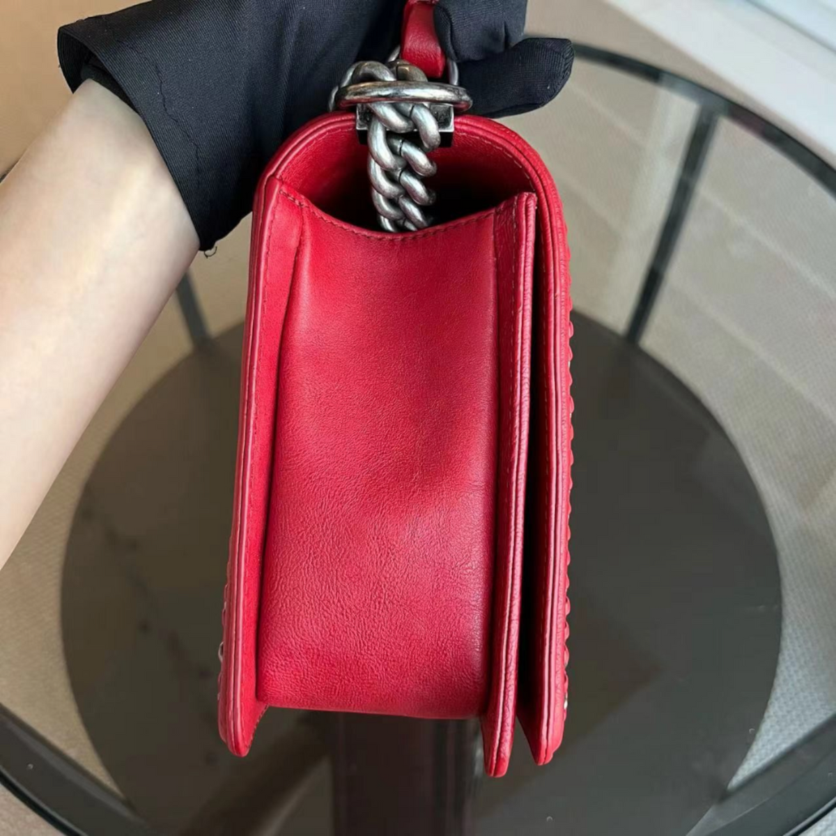 Chanel Calfskin Boy Handle New Medium 28CM Quilted Leboy Palladium Silver Hardware Series 23 - Luxury Evermore