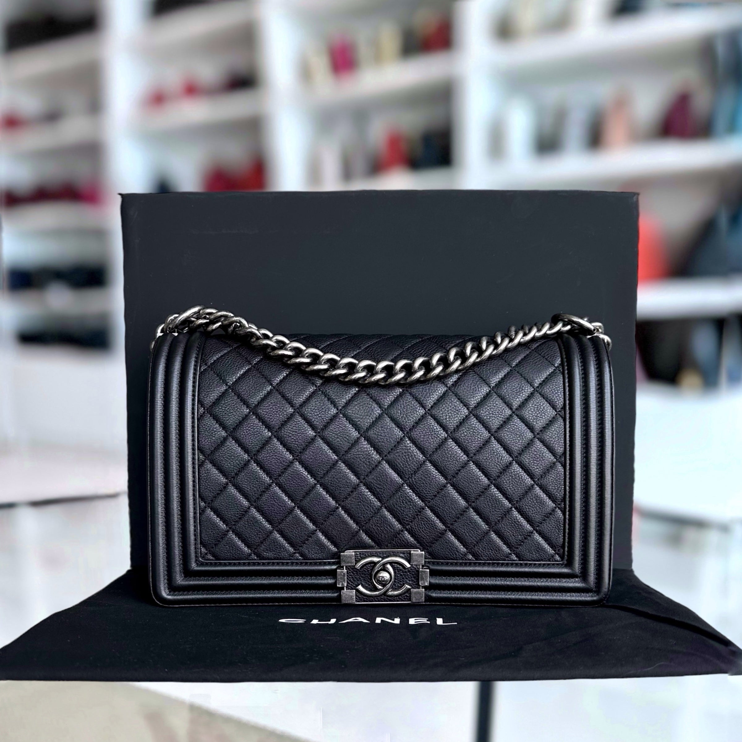 Chanel Calfskin Boy New Medium 28CM Quilted Grained Calfskin Caviar Black Ruthenium Silver Hardware Series 23 - Luxury Evermore