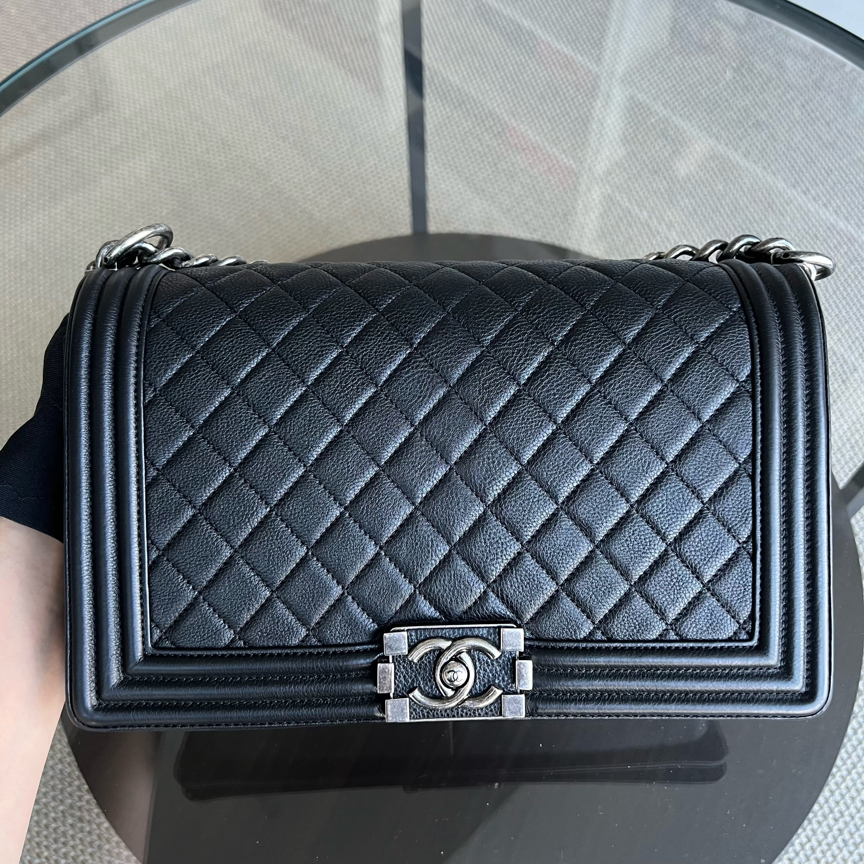 Chanel Calfskin Boy New Medium 28CM Quilted Grained Calfskin Caviar Black Ruthenium Silver Hardware Series 23 - Luxury Evermore