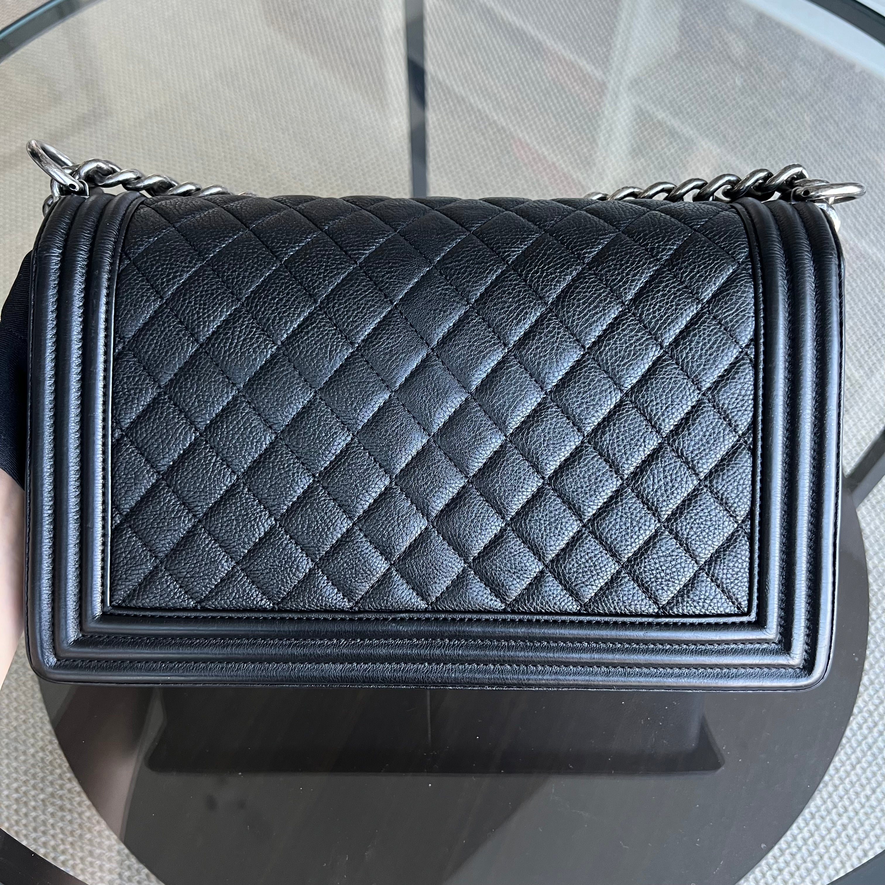 Chanel Calfskin Boy New Medium 28CM Quilted Grained Calfskin Caviar Black Ruthenium Silver Hardware Series 23 - Luxury Evermore