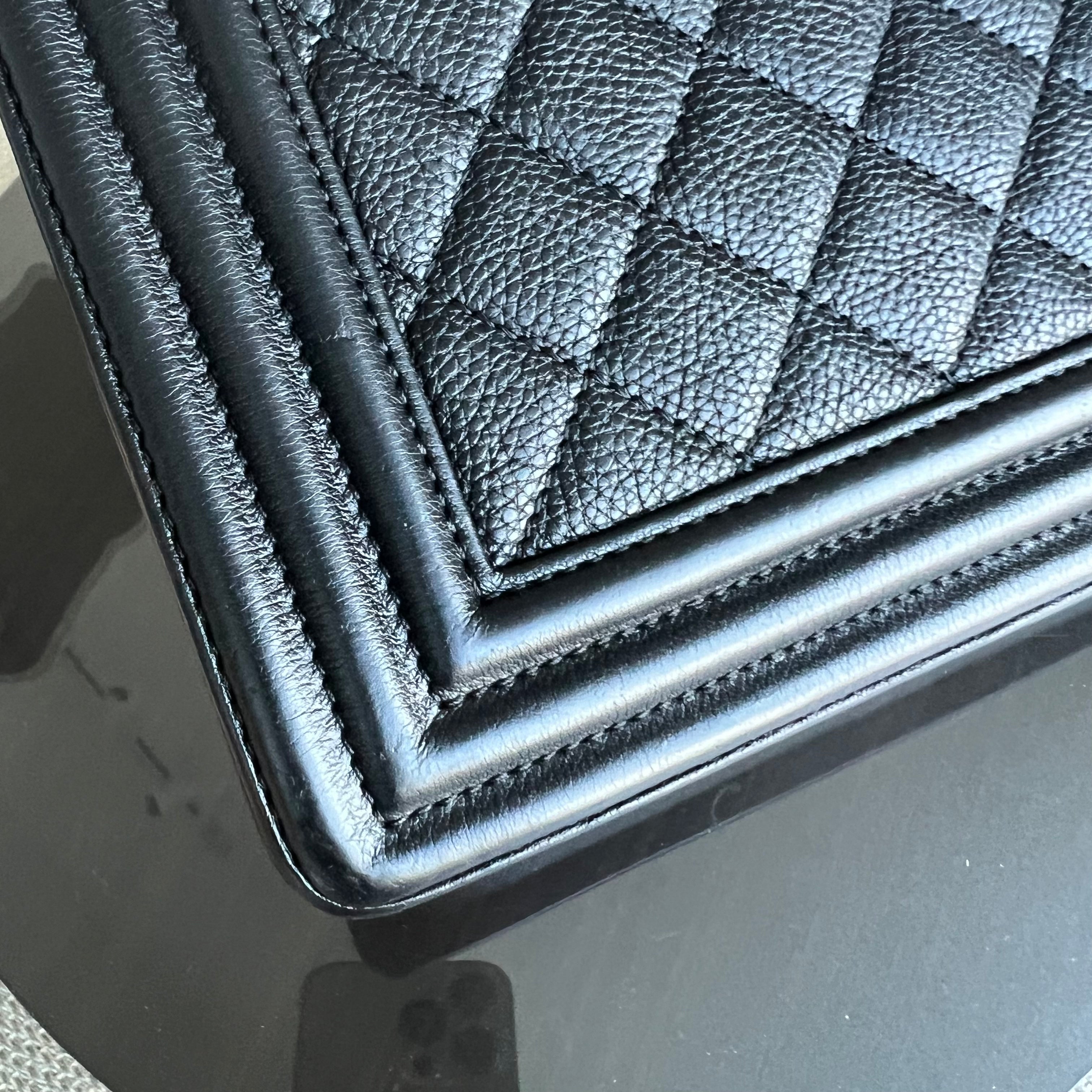 Chanel Calfskin Boy New Medium 28CM Quilted Grained Calfskin Caviar Black Ruthenium Silver Hardware Series 23 - Luxury Evermore