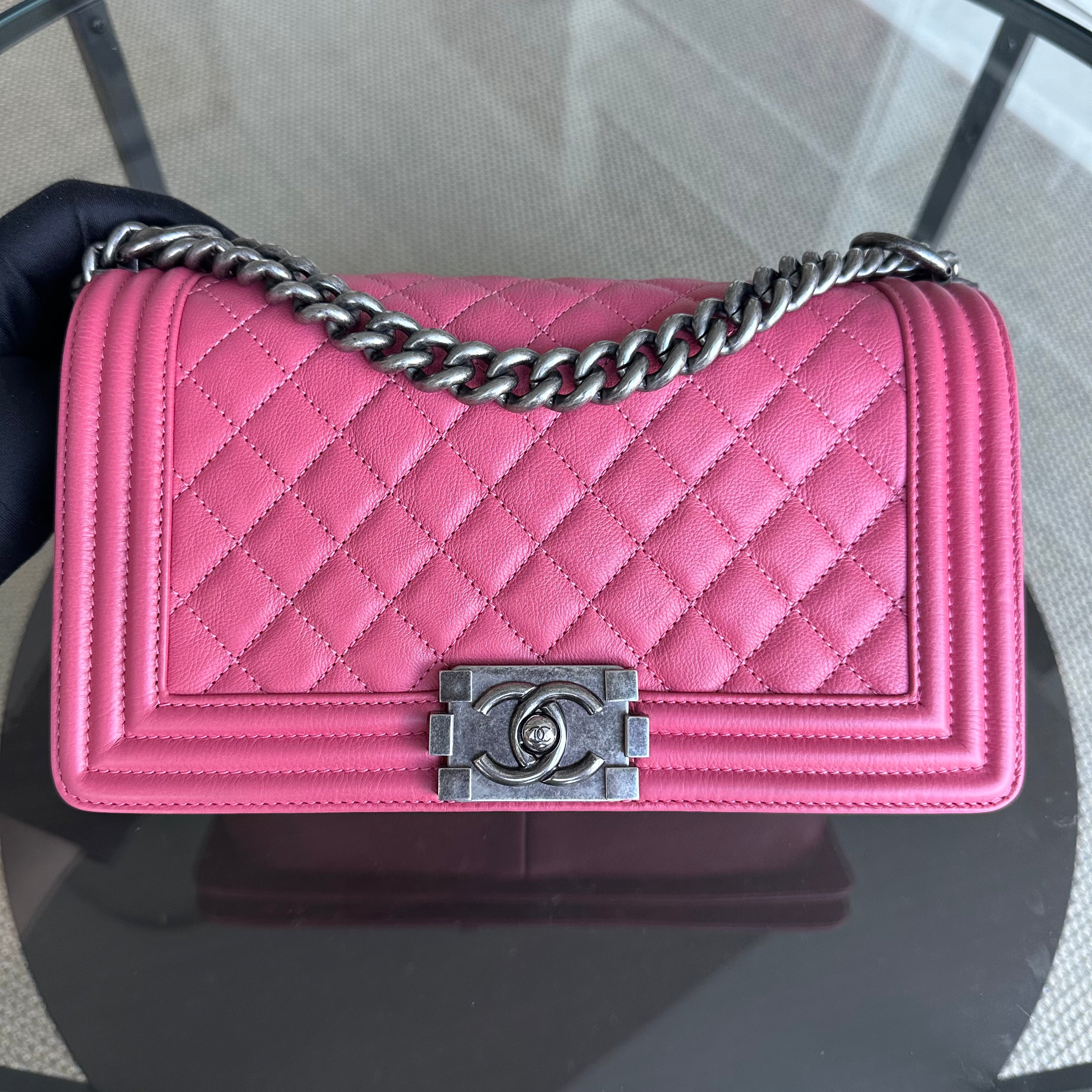 Chanel Calfskin Boy Old Medium 25CM Quilted Grained Calfskin Leboy Pink RSHW No 17 - Luxury Evermore