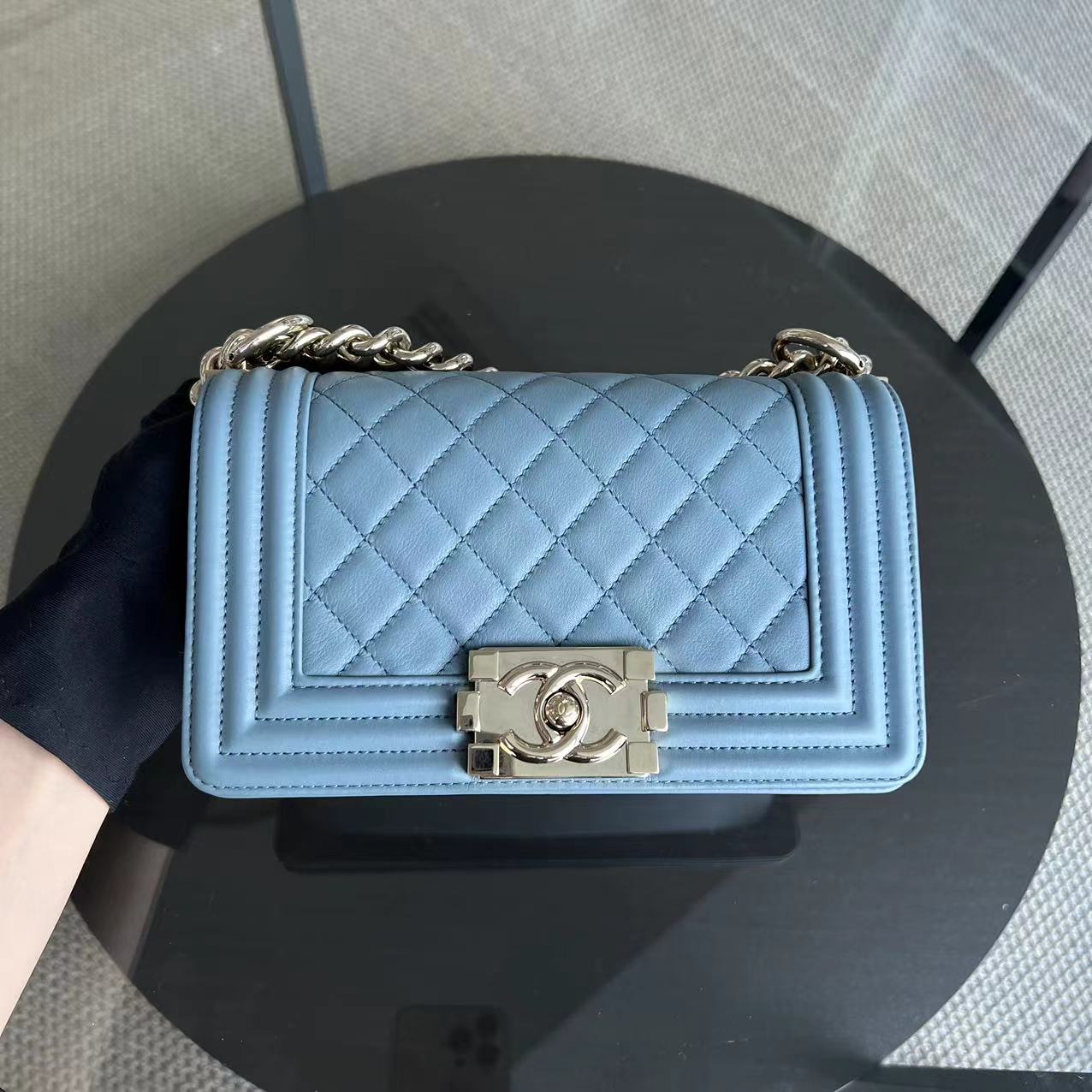 Chanel Calfskin Boy Small 20CM Quilted Grained Calfskin Leboy Sky Baby Blue GHW No 27 - Luxury Evermore