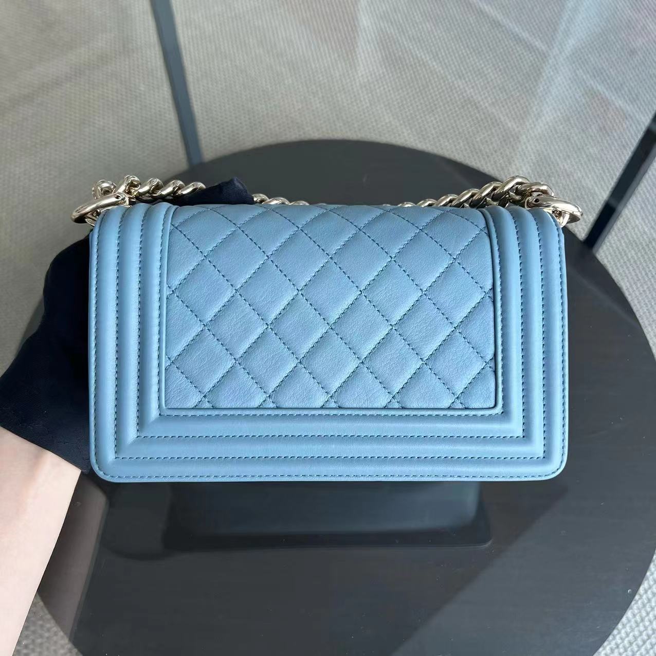 Chanel Calfskin Boy Small 20CM Quilted Grained Calfskin Leboy Sky Baby Blue GHW No 27 - Luxury Evermore