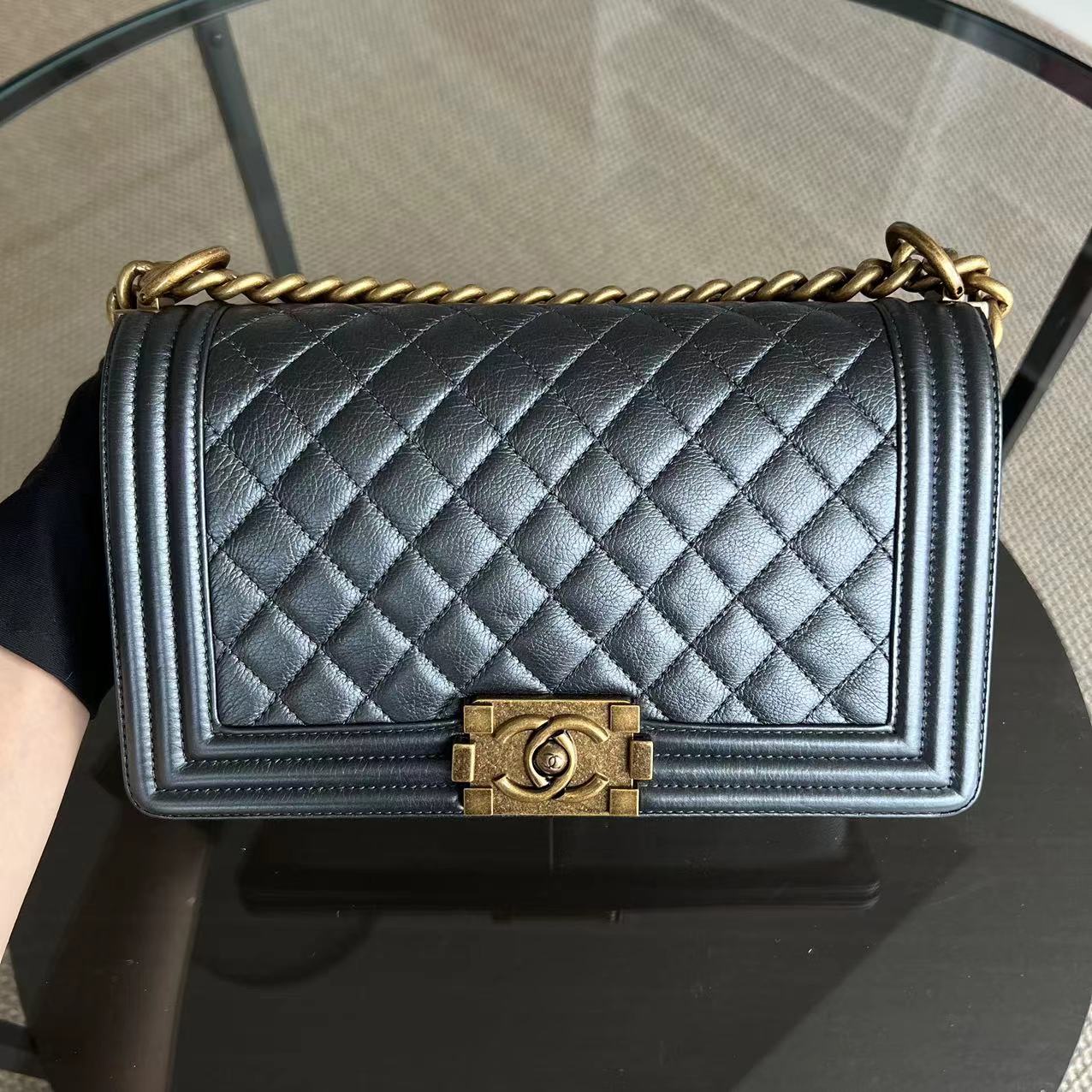 Chanel Calfskin Old Medium 25CM Quilted Calfskin Iridescent Blue RGHW No 20 - Luxury Evermore