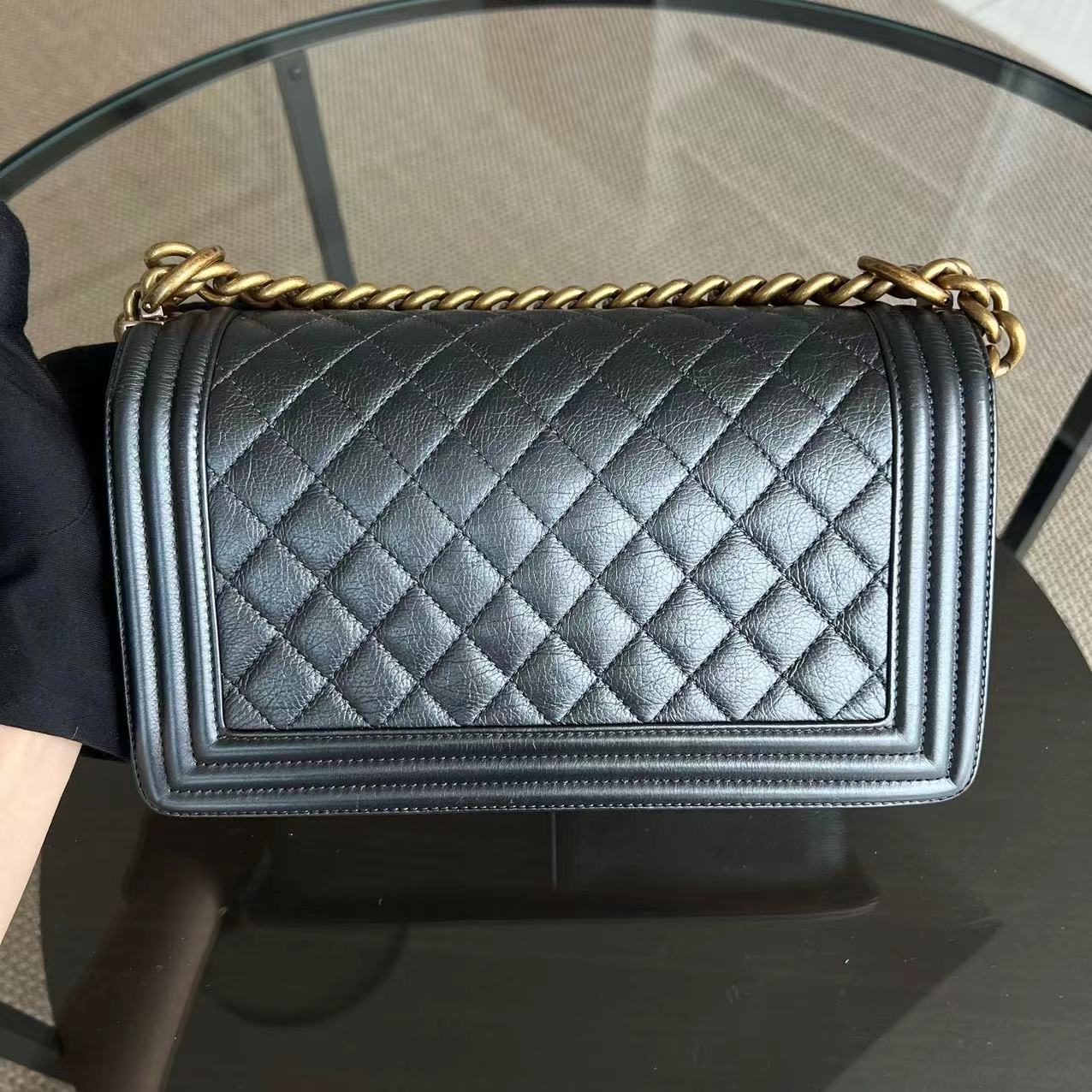 Chanel Calfskin Old Medium 25CM Quilted Calfskin Iridescent Blue RGHW No 20 - Luxury Evermore