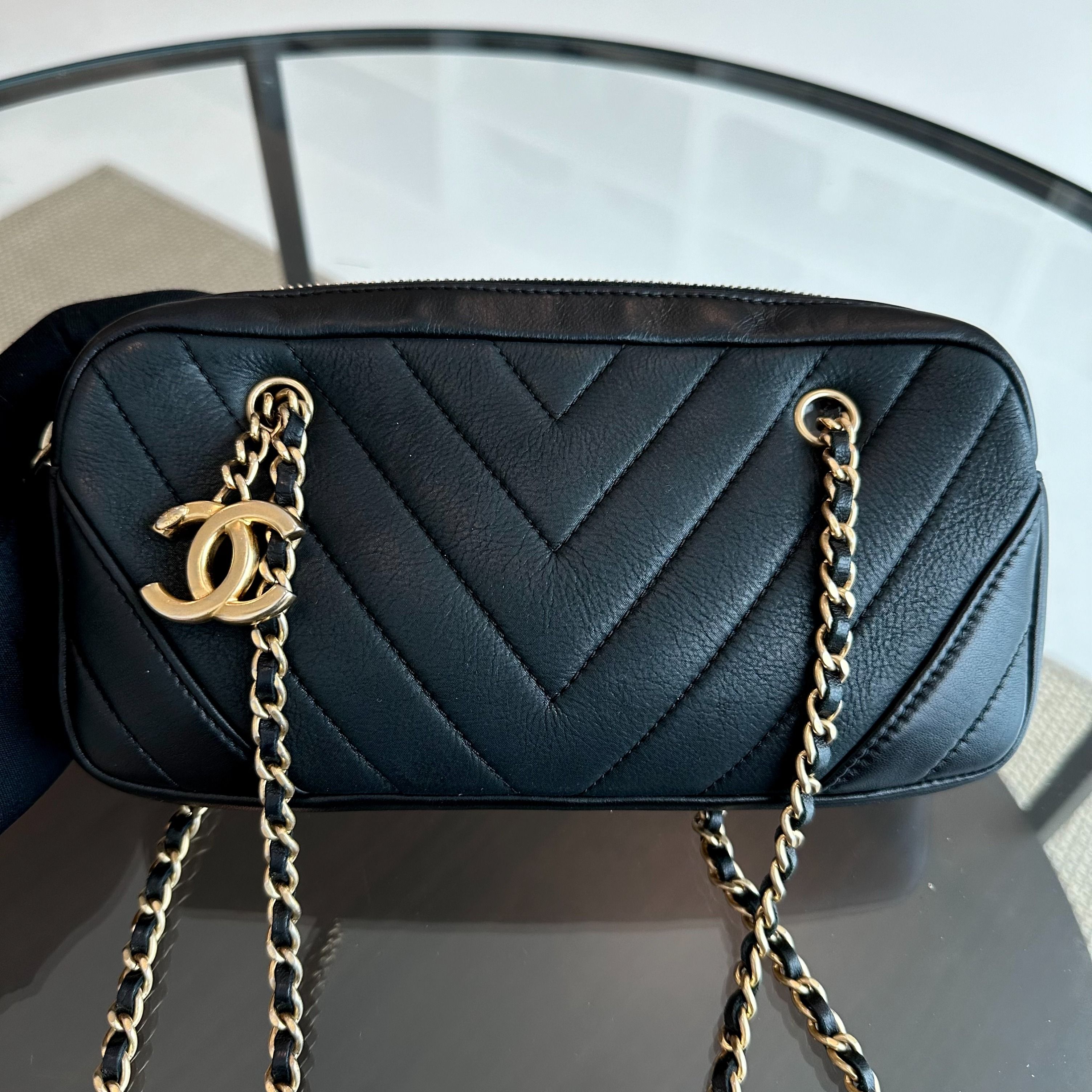 Chanel Camera Chevron Calfskin Small Black Shoulder Bag No 21 - Luxury Evermore