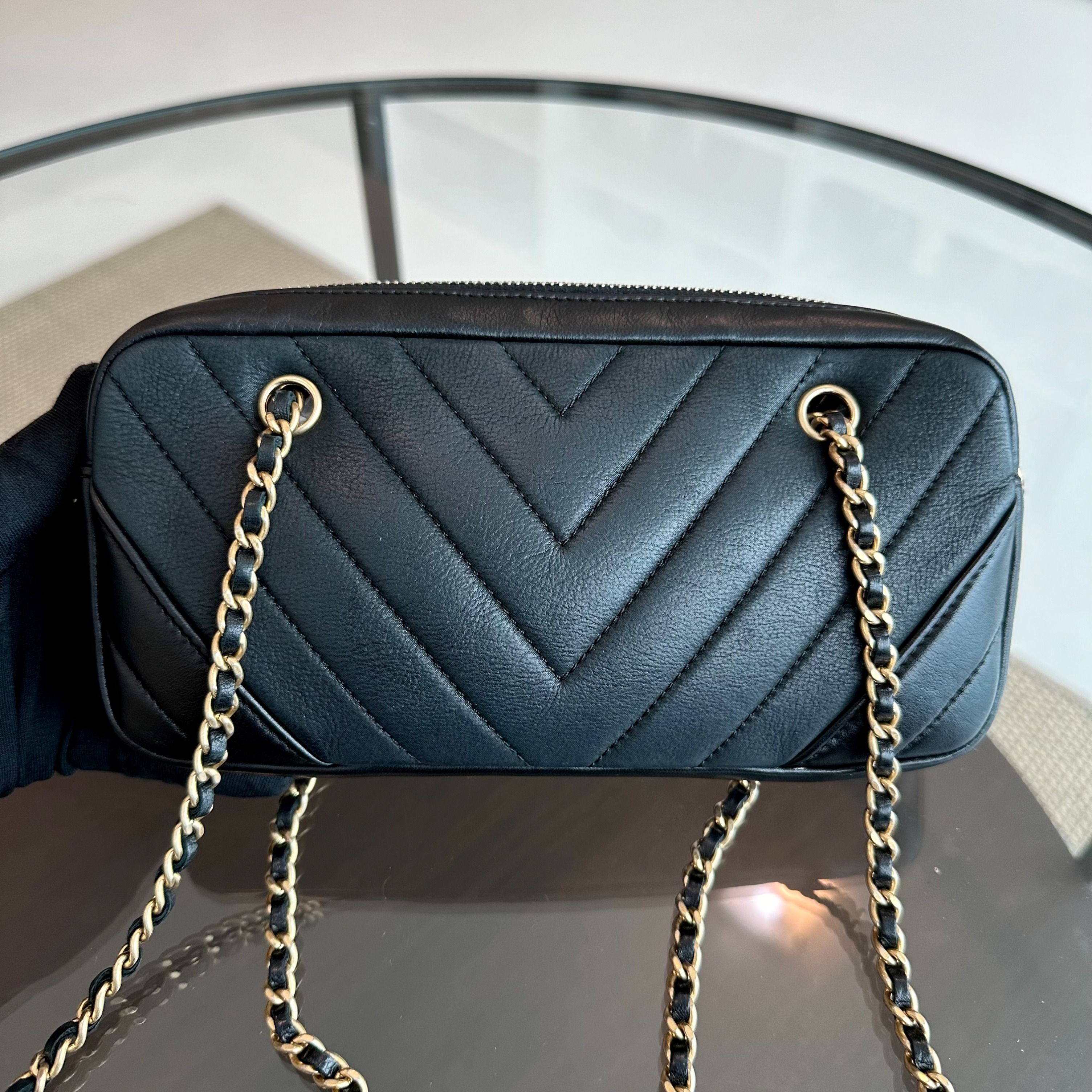 Chanel Camera Chevron Calfskin Small Black Shoulder Bag No 21 - Luxury Evermore