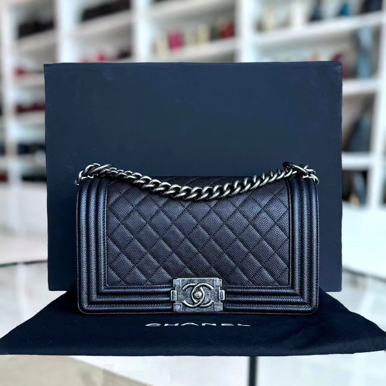 Chanel Caviar Boy Medium 25CM Quilted Grained Calfskin Black Leboy Ruthenium Silver Hardware Series 23 - Luxury Evermore