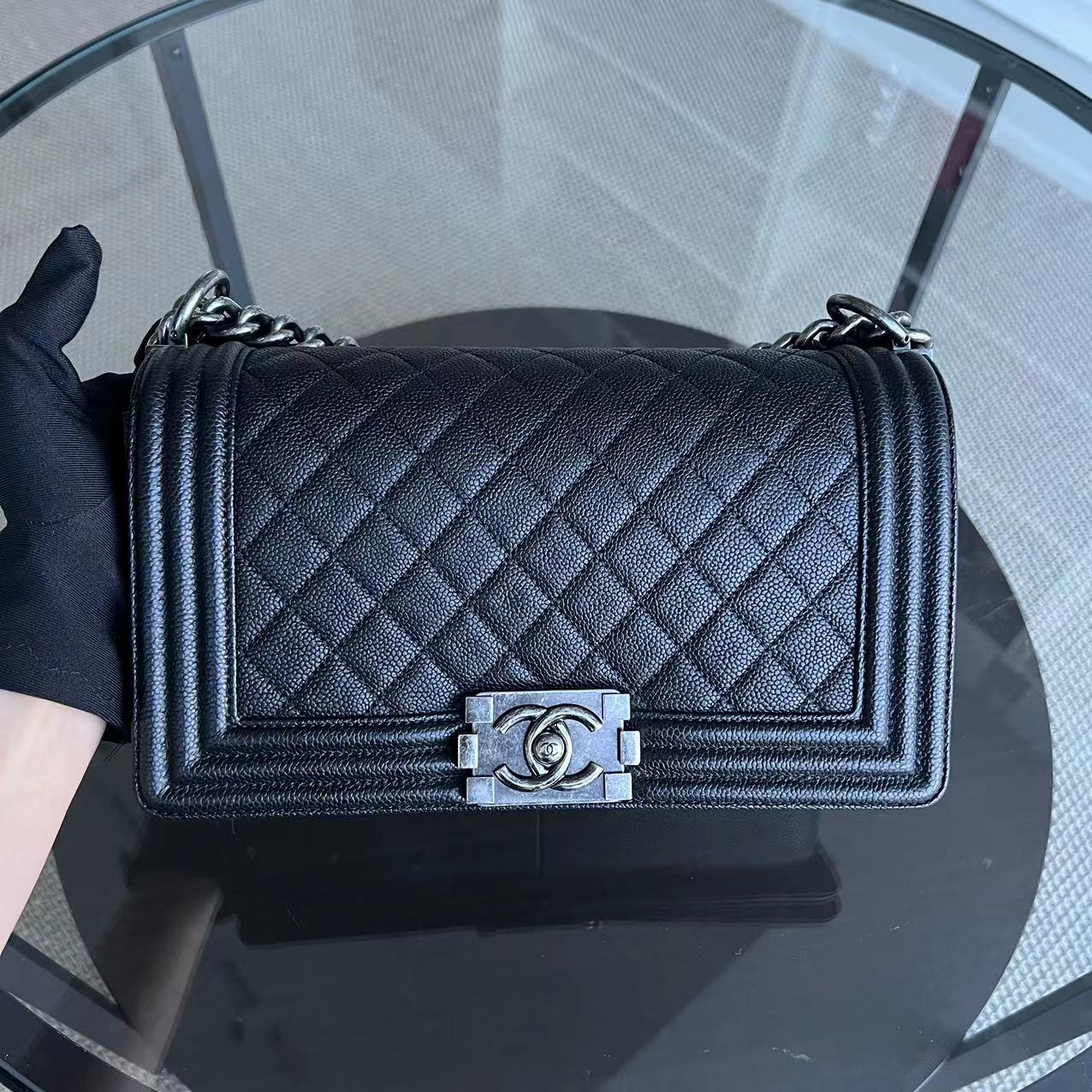 Chanel Caviar Boy Medium 25CM Quilted Grained Calfskin Black Leboy Ruthenium Silver Hardware Series 23 - Luxury Evermore