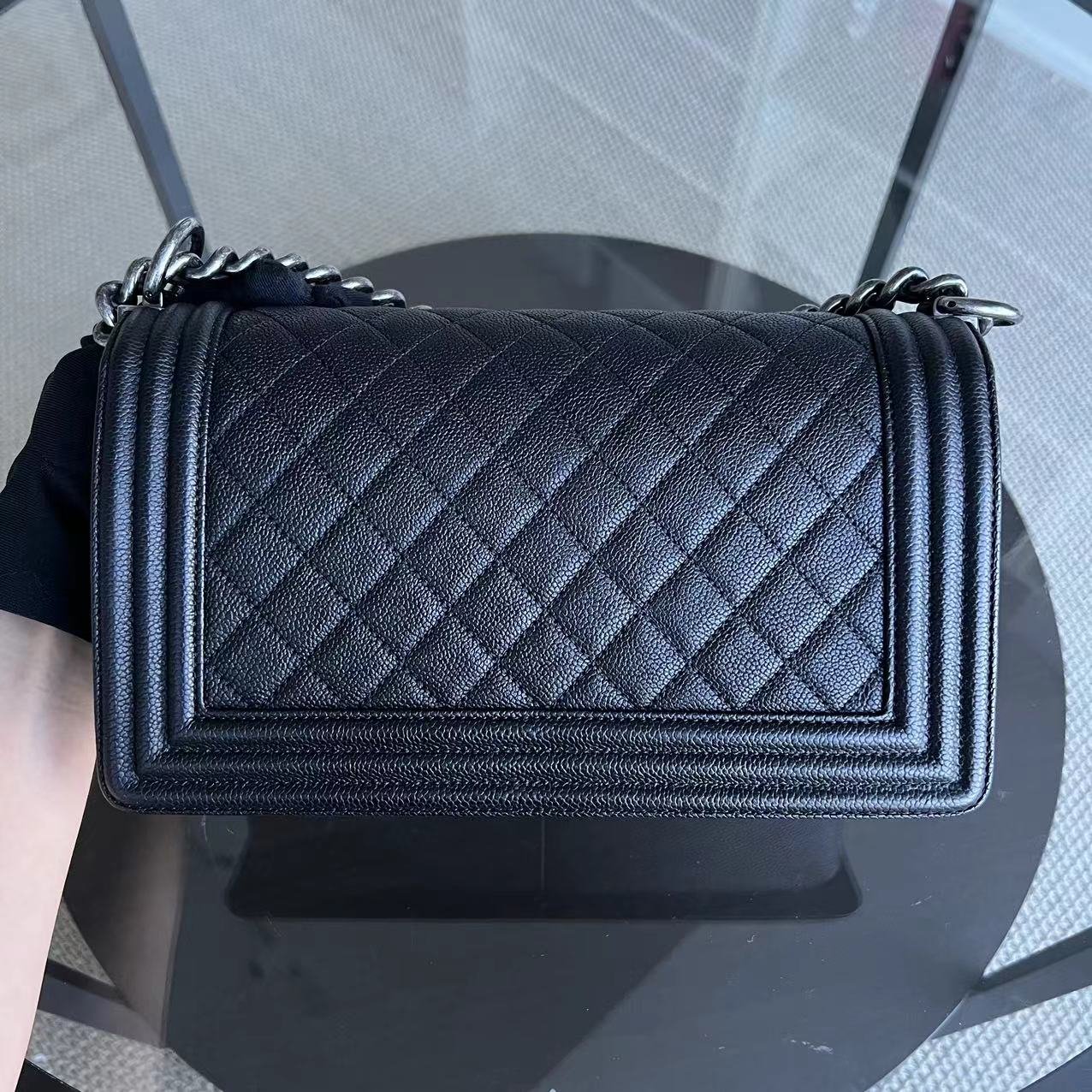 Chanel Caviar Boy Medium 25CM Quilted Grained Calfskin Black Leboy Ruthenium Silver Hardware Series 23 - Luxury Evermore