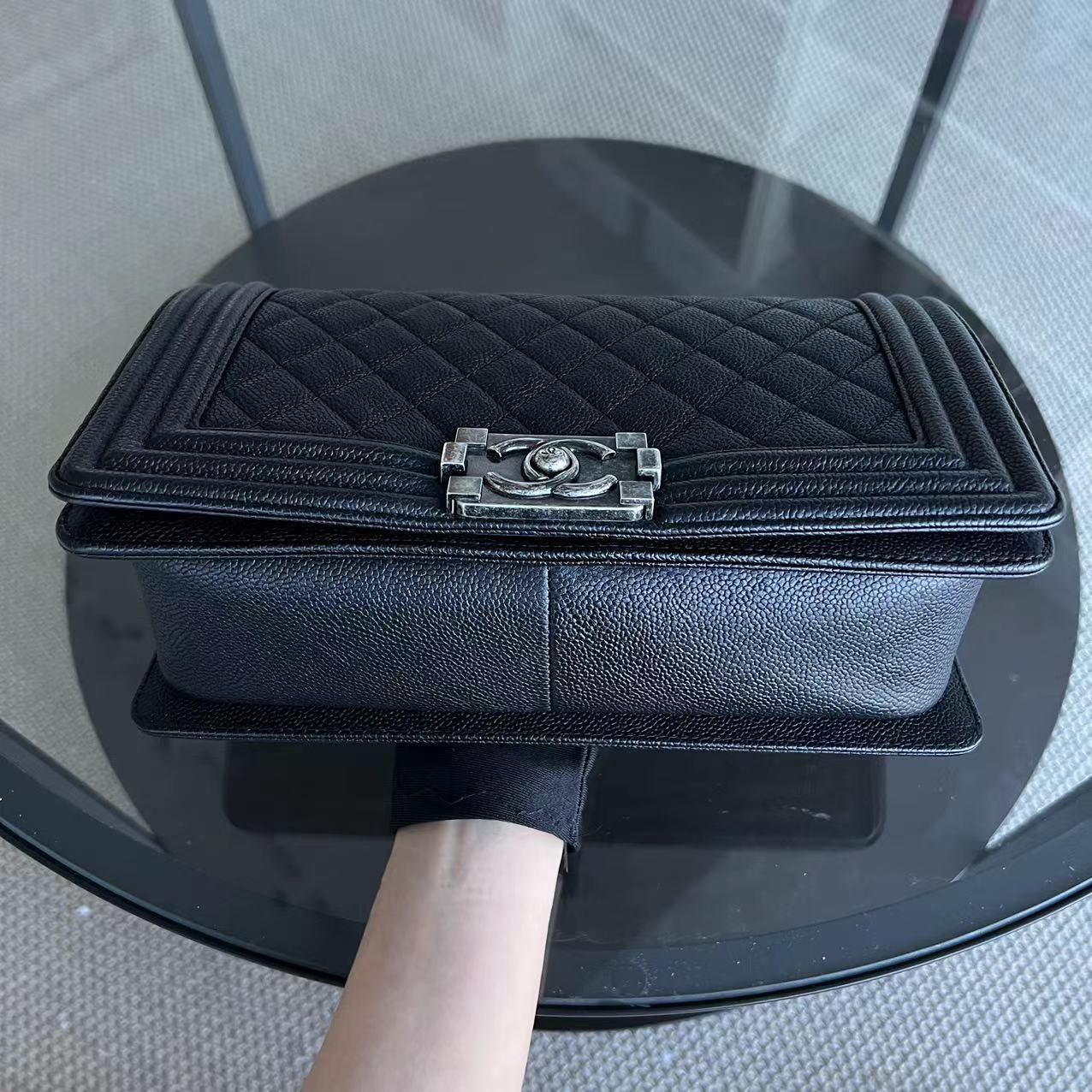 Chanel Caviar Boy Medium 25CM Quilted Grained Calfskin Black Leboy Ruthenium Silver Hardware Series 23 - Luxury Evermore