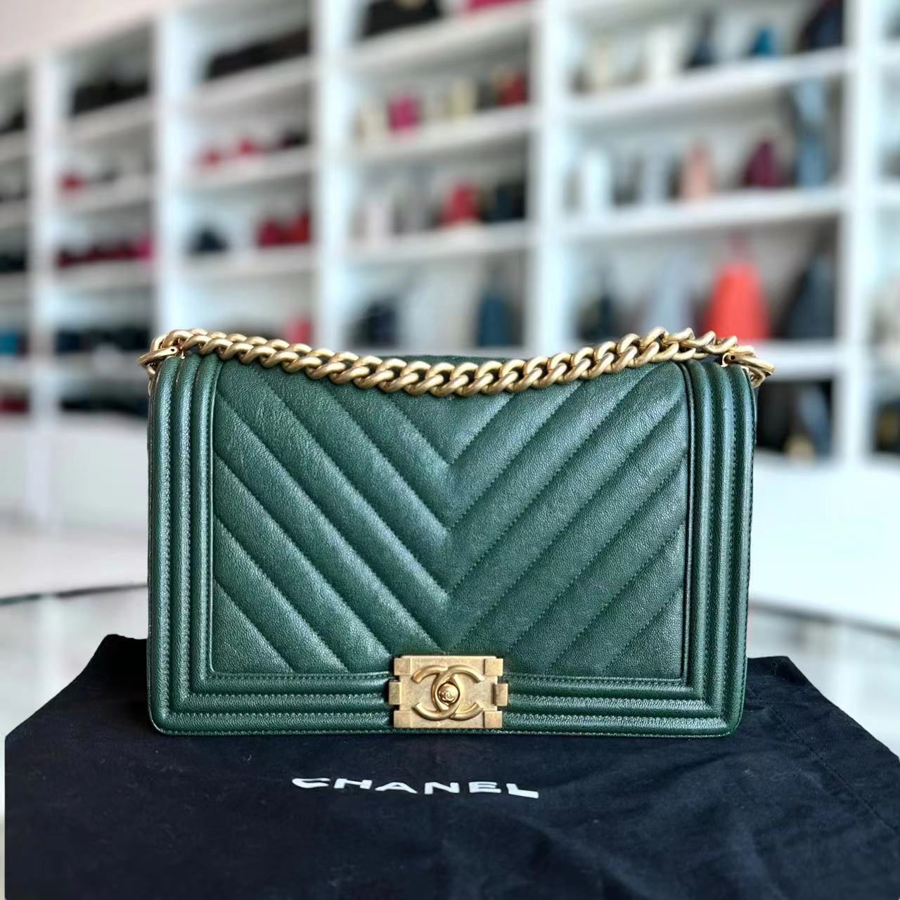 Chanel Caviar Boy New Medium 28CM Chevron Calfskin Leboy Dark Green GHW No 26 - Luxury Evermore