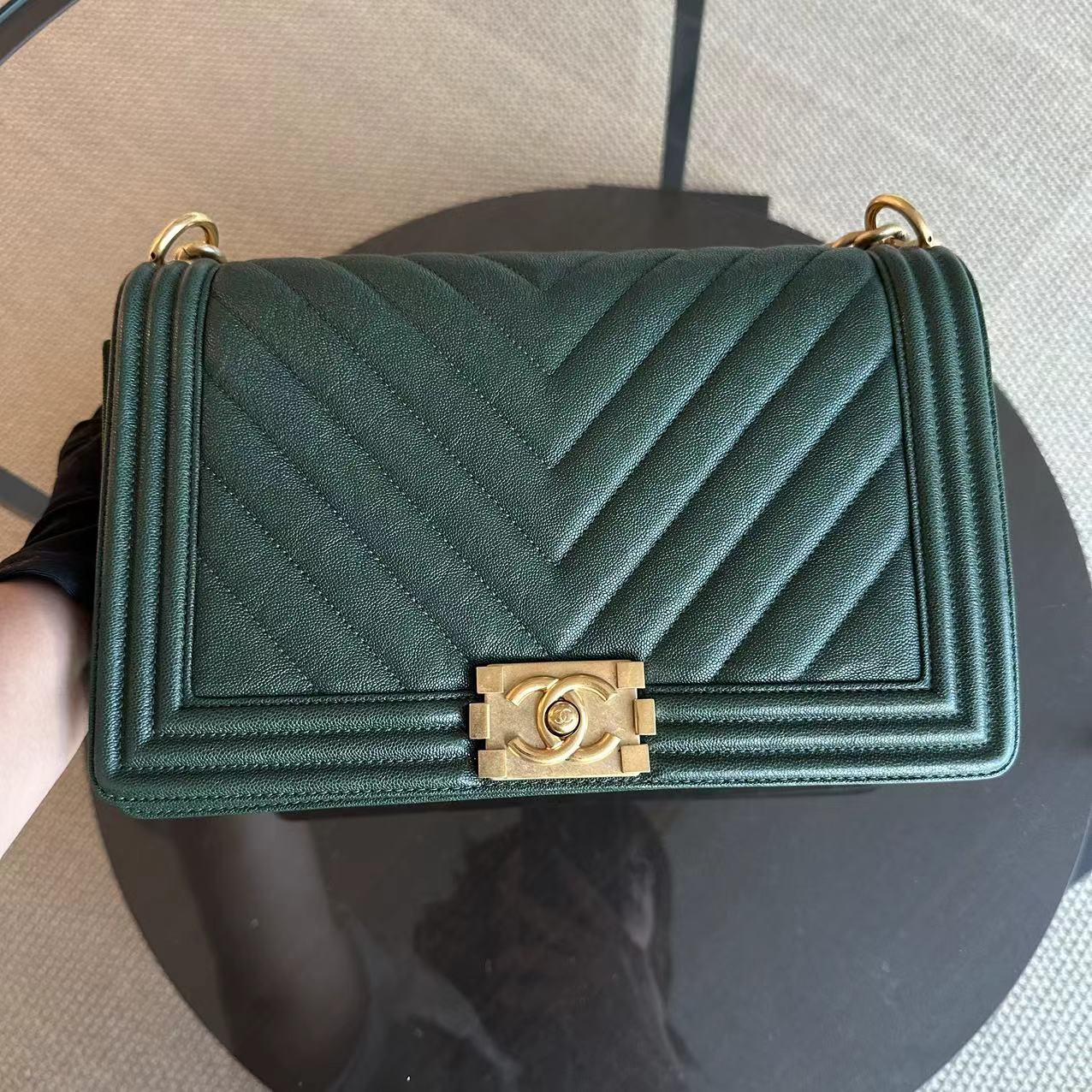 Chanel Caviar Boy New Medium 28CM Chevron Calfskin Leboy Dark Green GHW No 26 - Luxury Evermore