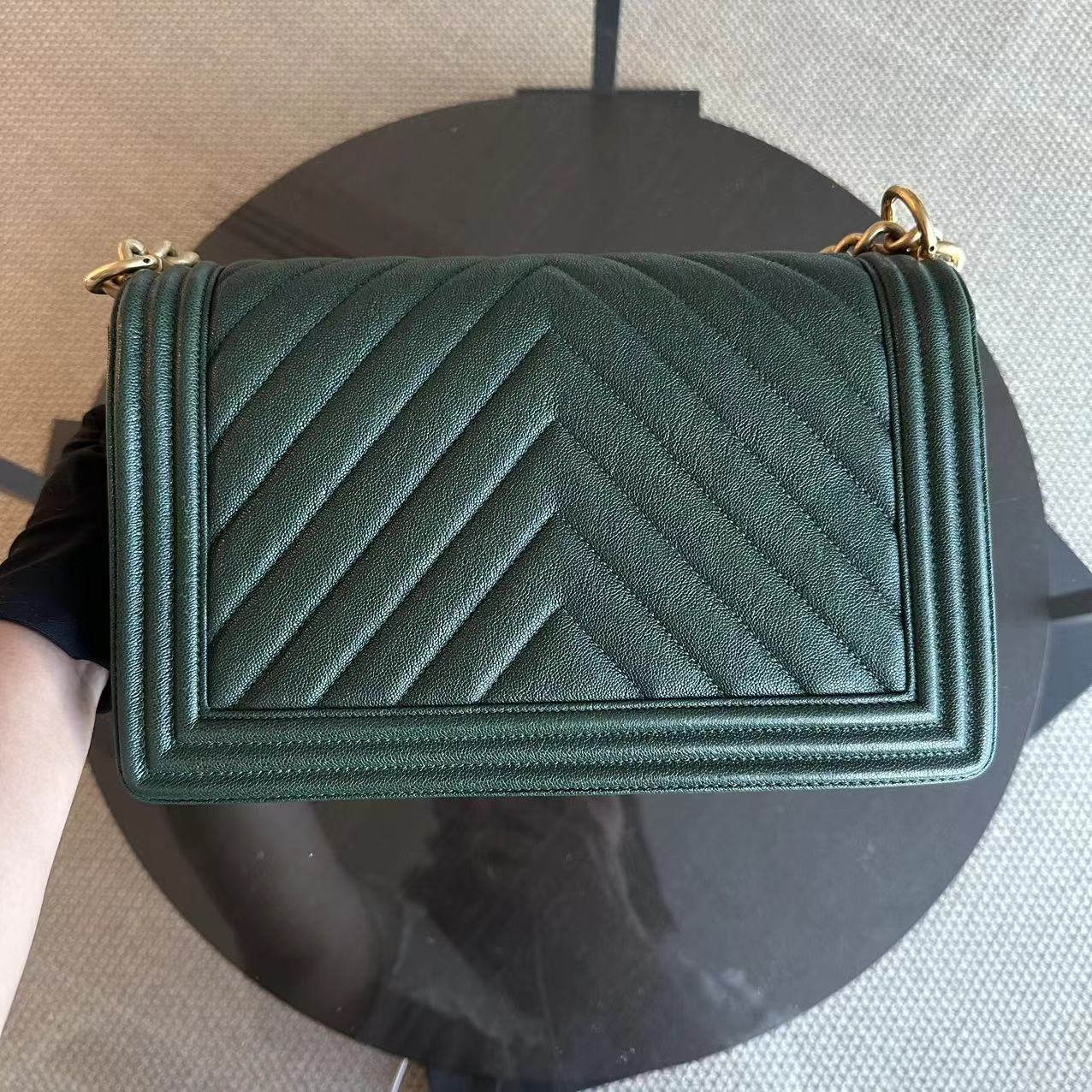 Chanel Caviar Boy New Medium 28CM Chevron Calfskin Leboy Dark Green GHW No 26 - Luxury Evermore