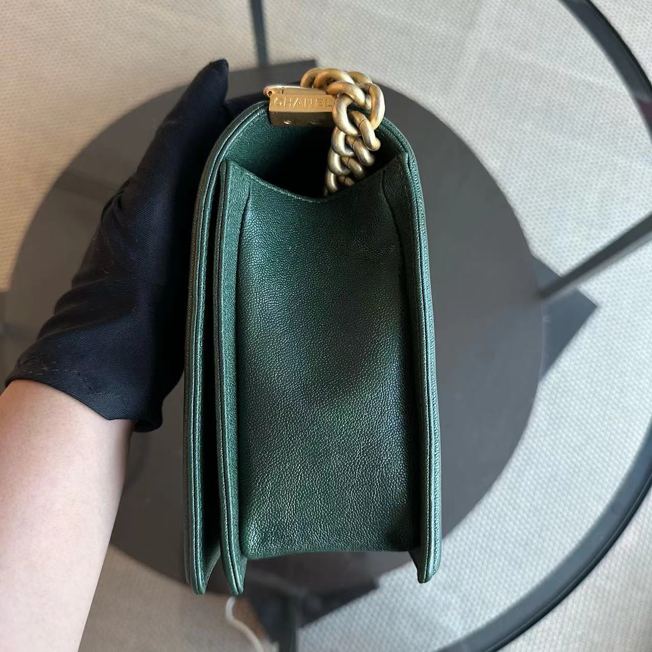 Chanel Caviar Boy New Medium 28CM Chevron Calfskin Leboy Dark Green GHW No 26 - Luxury Evermore