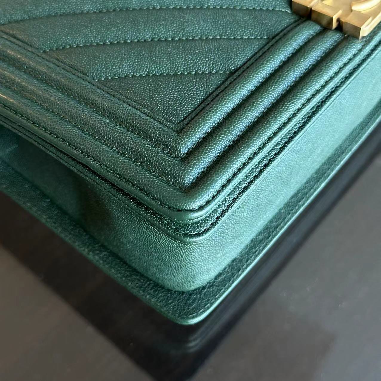 Chanel Caviar Boy New Medium 28CM Chevron Calfskin Leboy Dark Green GHW No 26 - Luxury Evermore