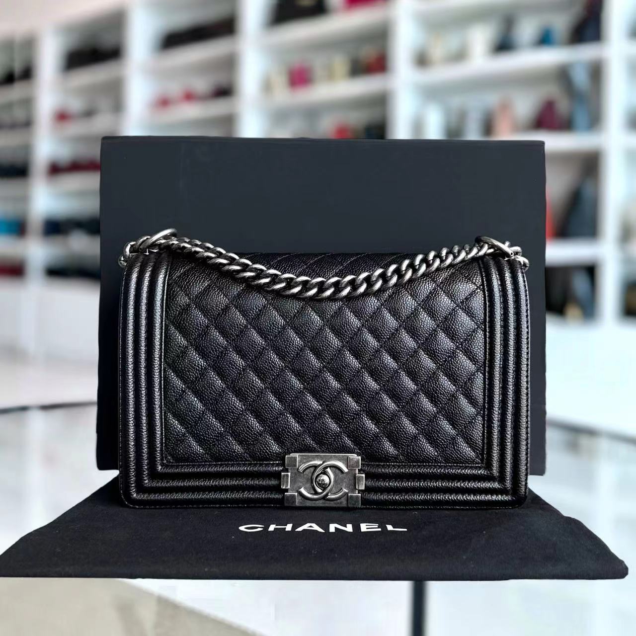 Chanel Caviar Boy New Medium 28CM Quilted Grained Calfskin Leboy Black Silver Hardware Series 20 - Luxury Evermore