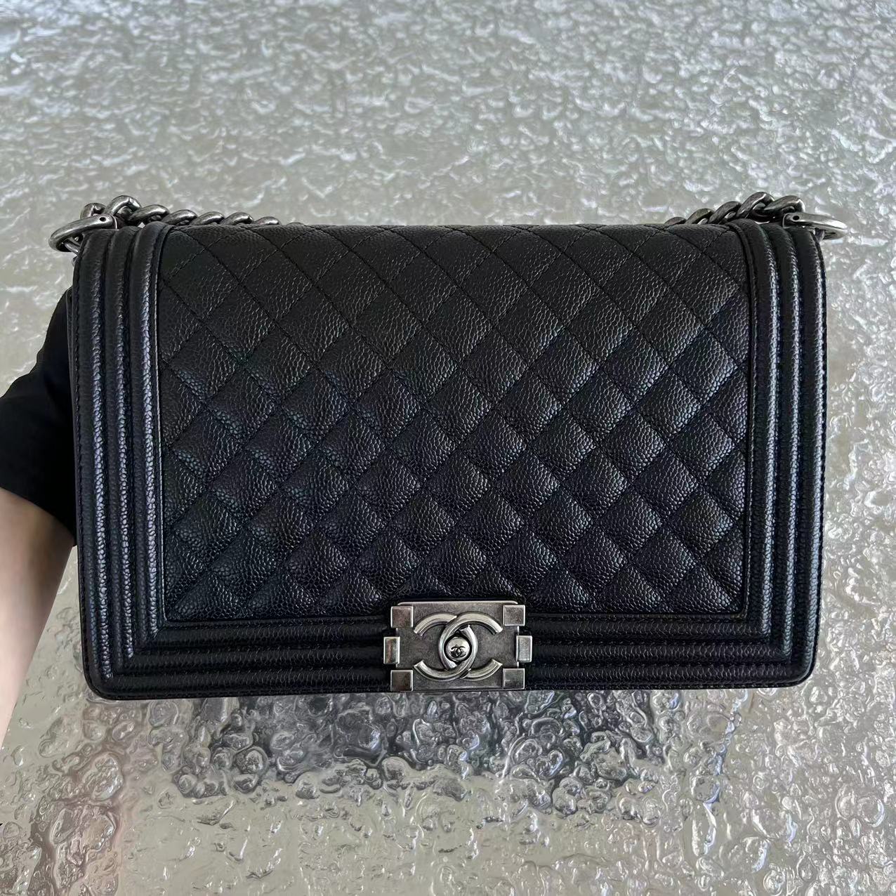 Chanel Caviar Boy New Medium 28CM Quilted Grained Calfskin Leboy Black Silver Hardware Series 20 - Luxury Evermore