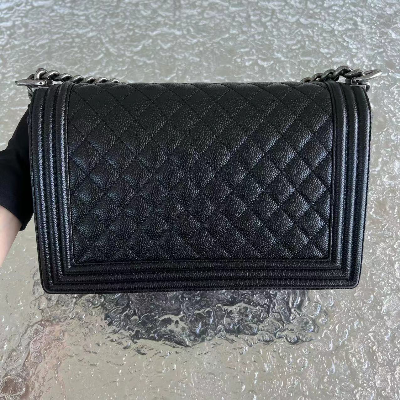 Chanel Caviar Boy New Medium 28CM Quilted Grained Calfskin Leboy Black Silver Hardware Series 20 - Luxury Evermore