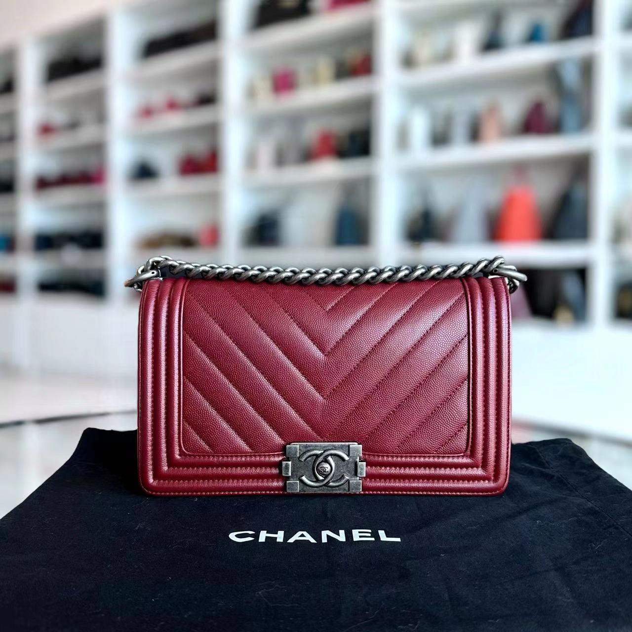 Chanel Caviar Boy Old Medium 25CM Chevron Calfskin Leboy Burgundy Dark Red RSHW No 24 - Luxury Evermore