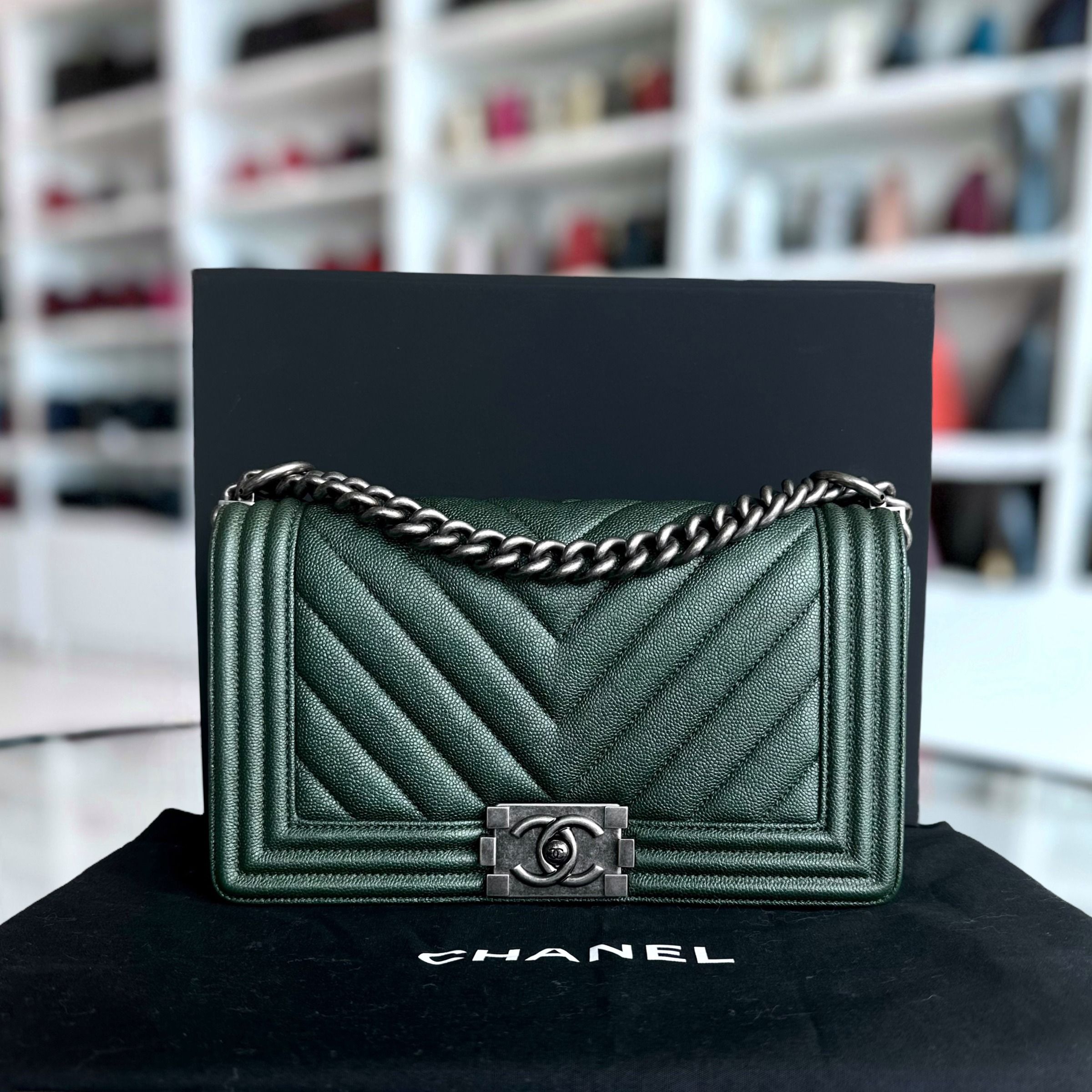 Chanel Caviar Boy Old Medium 25CM Chevron Calfskin Leboy Dark Green RSHW No 26 - Luxury Evermore