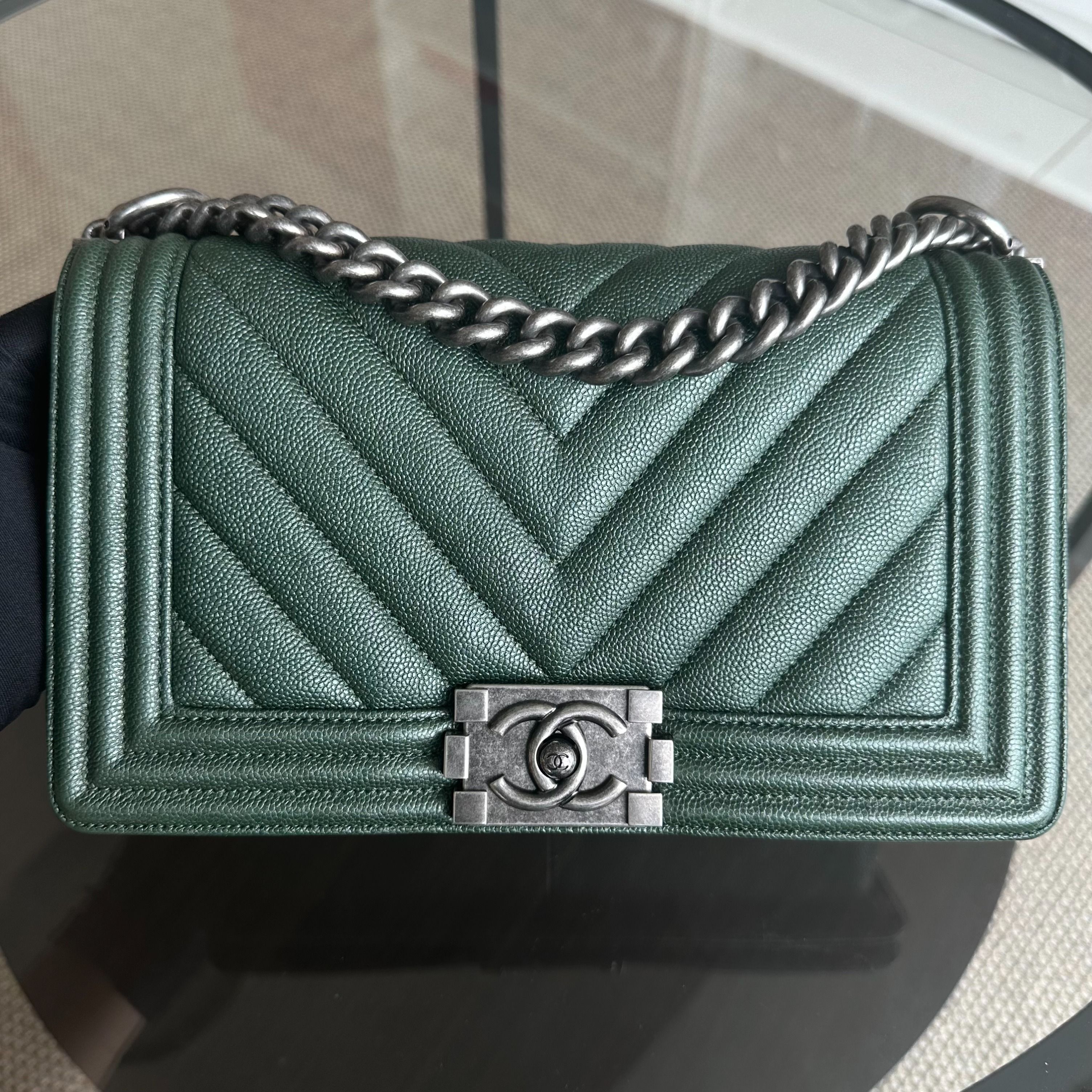 Chanel Caviar Boy Old Medium 25CM Chevron Calfskin Leboy Dark Green RSHW No 26 - Luxury Evermore