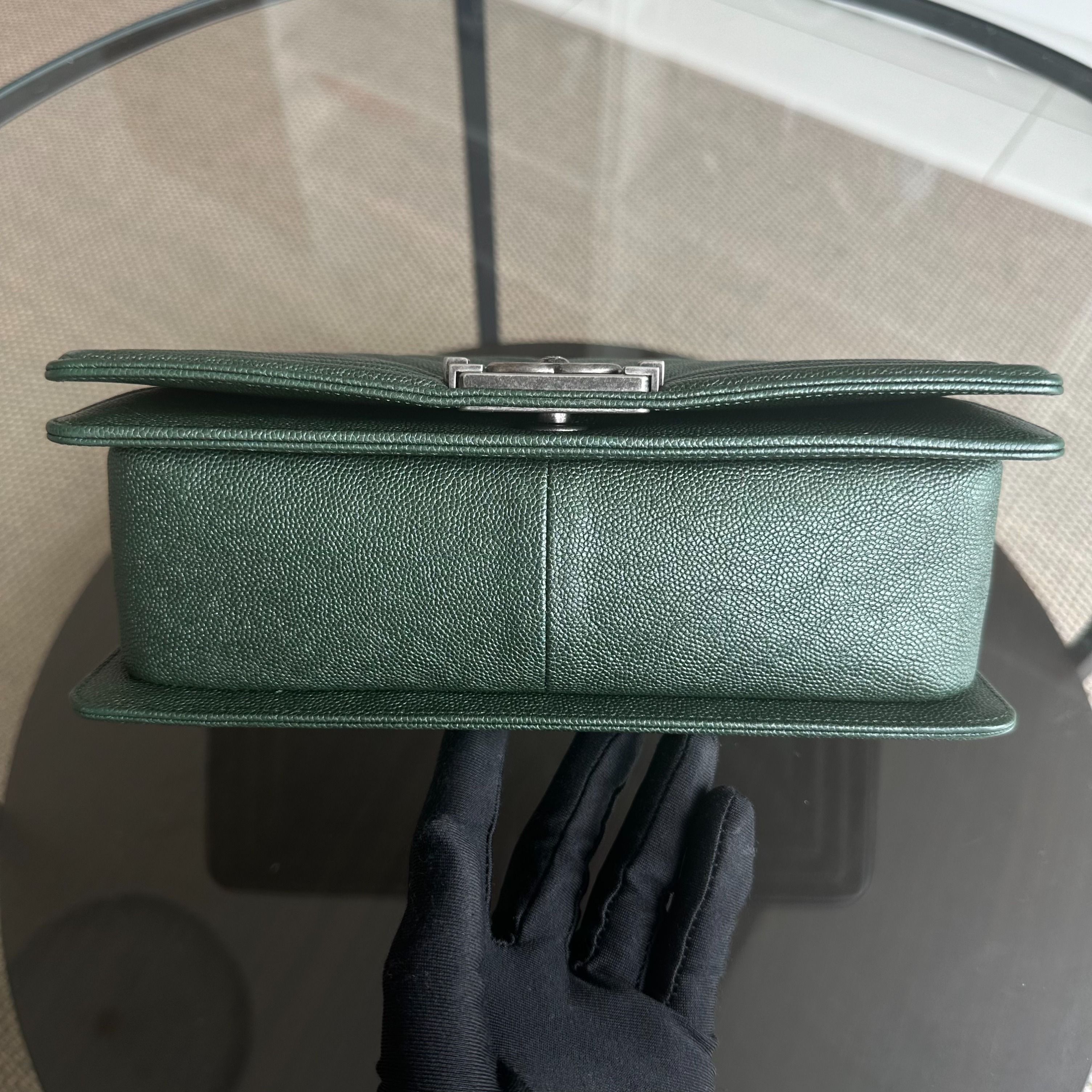 Chanel Caviar Boy Old Medium 25CM Chevron Calfskin Leboy Dark Green RSHW No 26 - Luxury Evermore