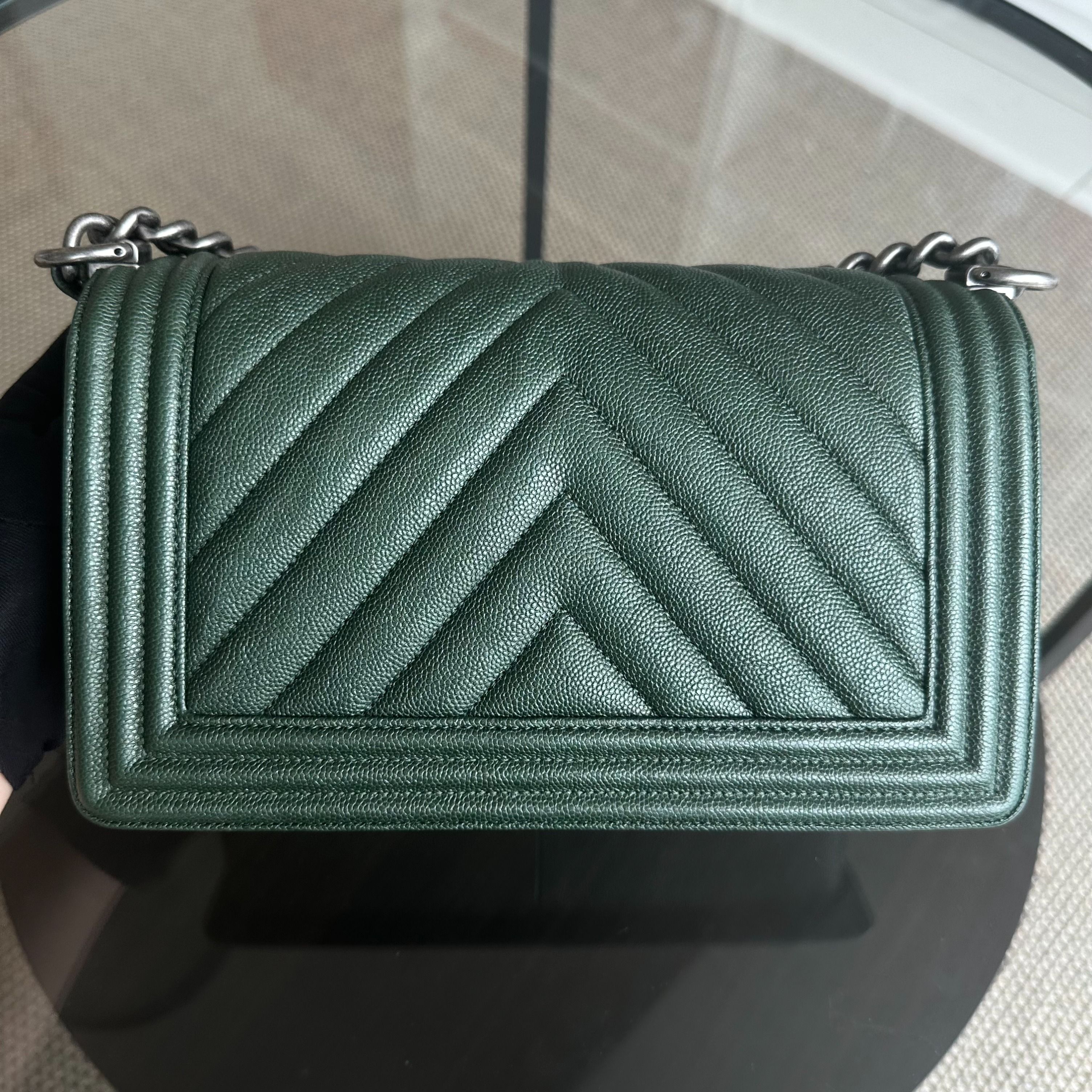 Chanel Caviar Boy Old Medium 25CM Chevron Calfskin Leboy Dark Green RSHW No 26 - Luxury Evermore