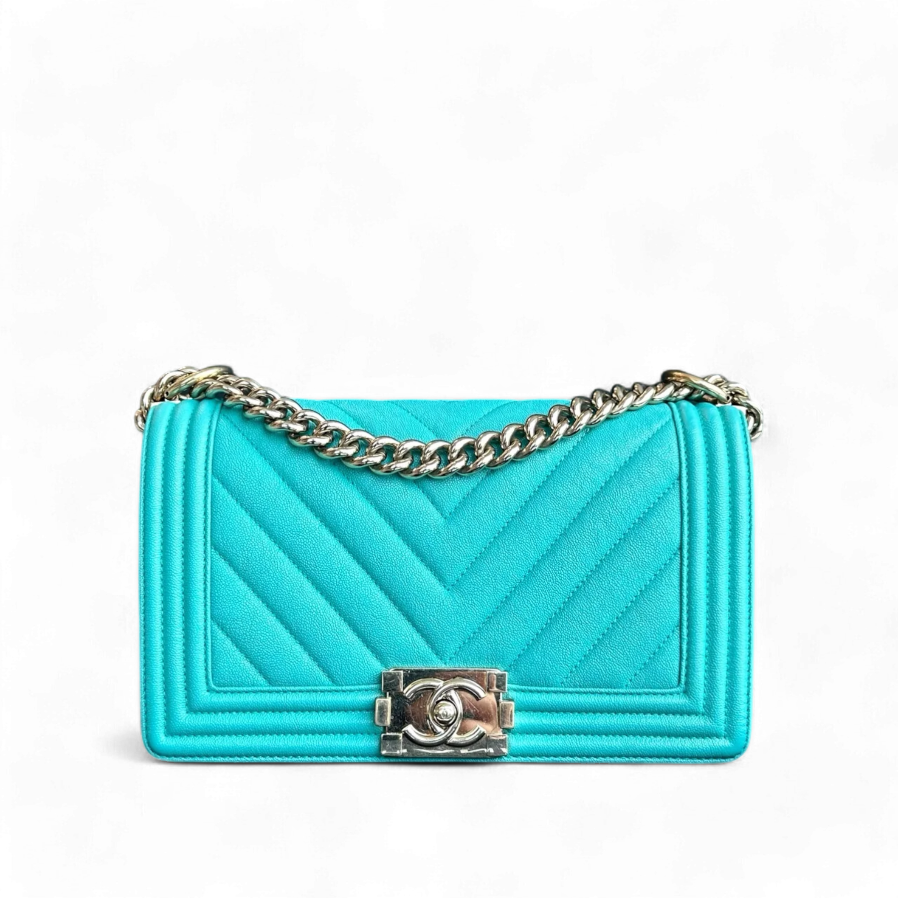 Caviar Boy Old Medium 25CM Chevron Grained Calfskin Cyan Green Blue Light Golden Hardware Series 27