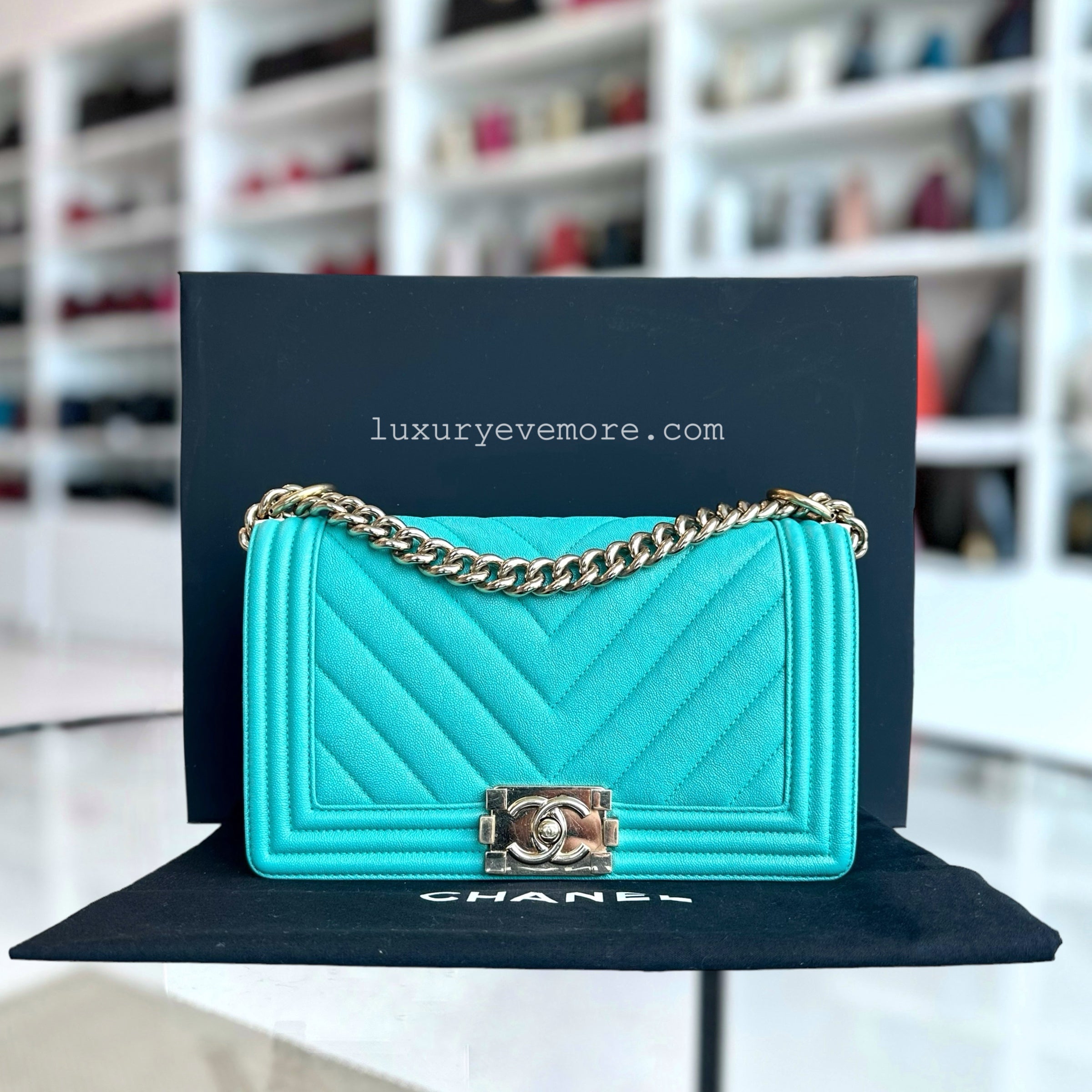 Chanel Caviar Boy Old Medium 25CM Chevron Grained Calfskin Cyan Green Blue Light Golden Hardware Series 27 - Luxury Evermore