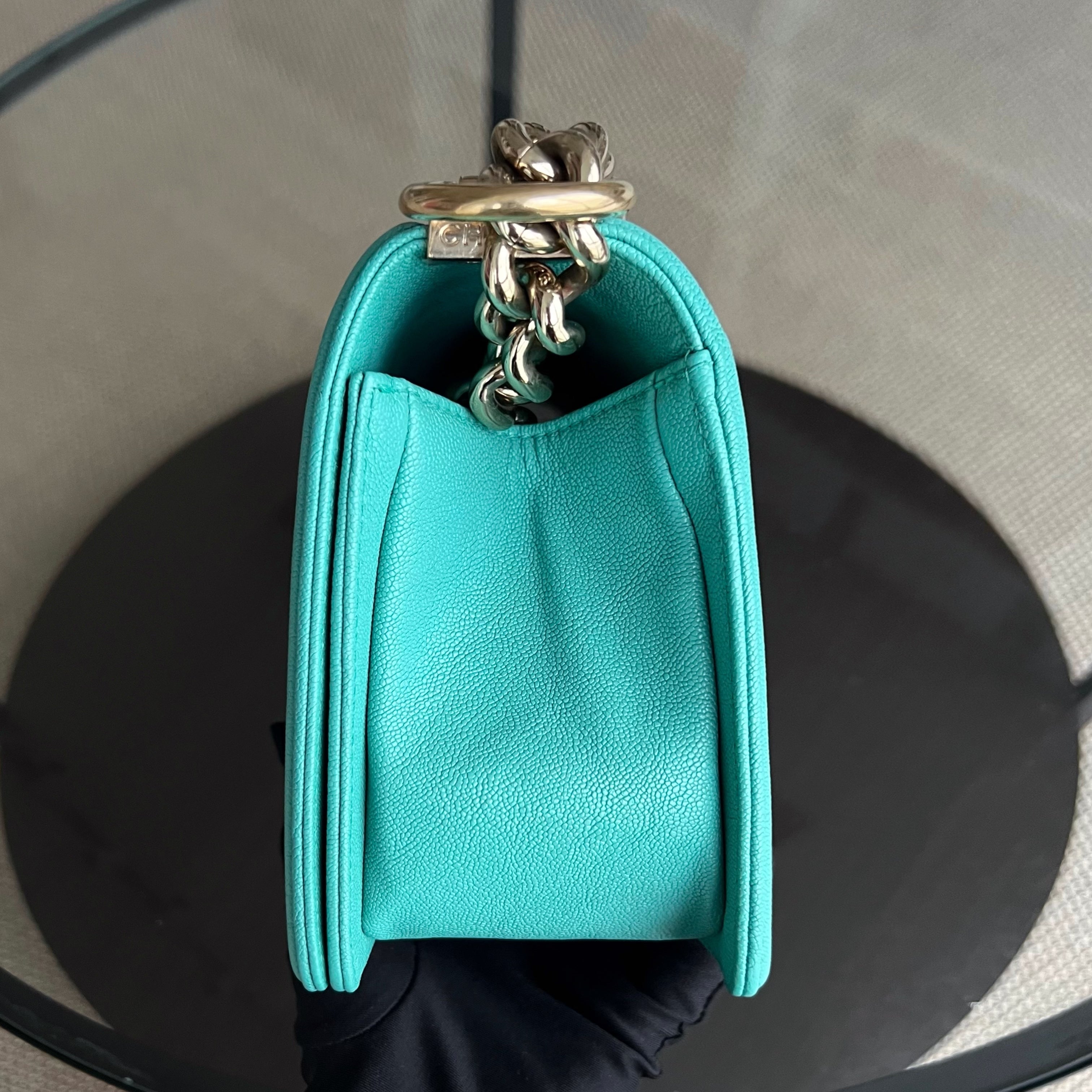 Chanel Caviar Boy Old Medium 25CM Chevron Grained Calfskin Cyan Green Blue Light Golden Hardware Series 27 - Luxury Evermore