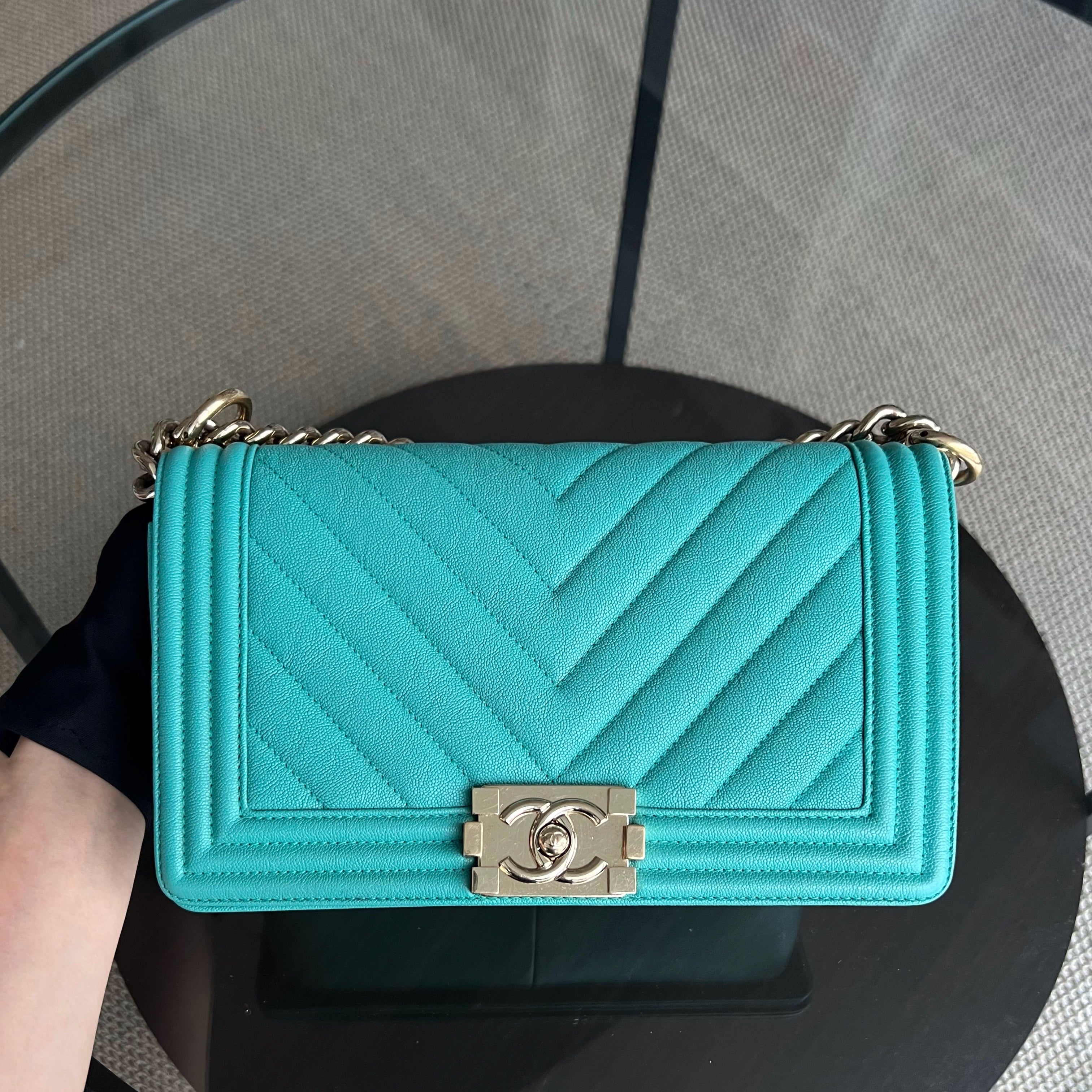 Chanel Caviar Boy Old Medium 25CM Chevron Grained Calfskin Cyan Green Blue Light Golden Hardware Series 27 - Luxury Evermore