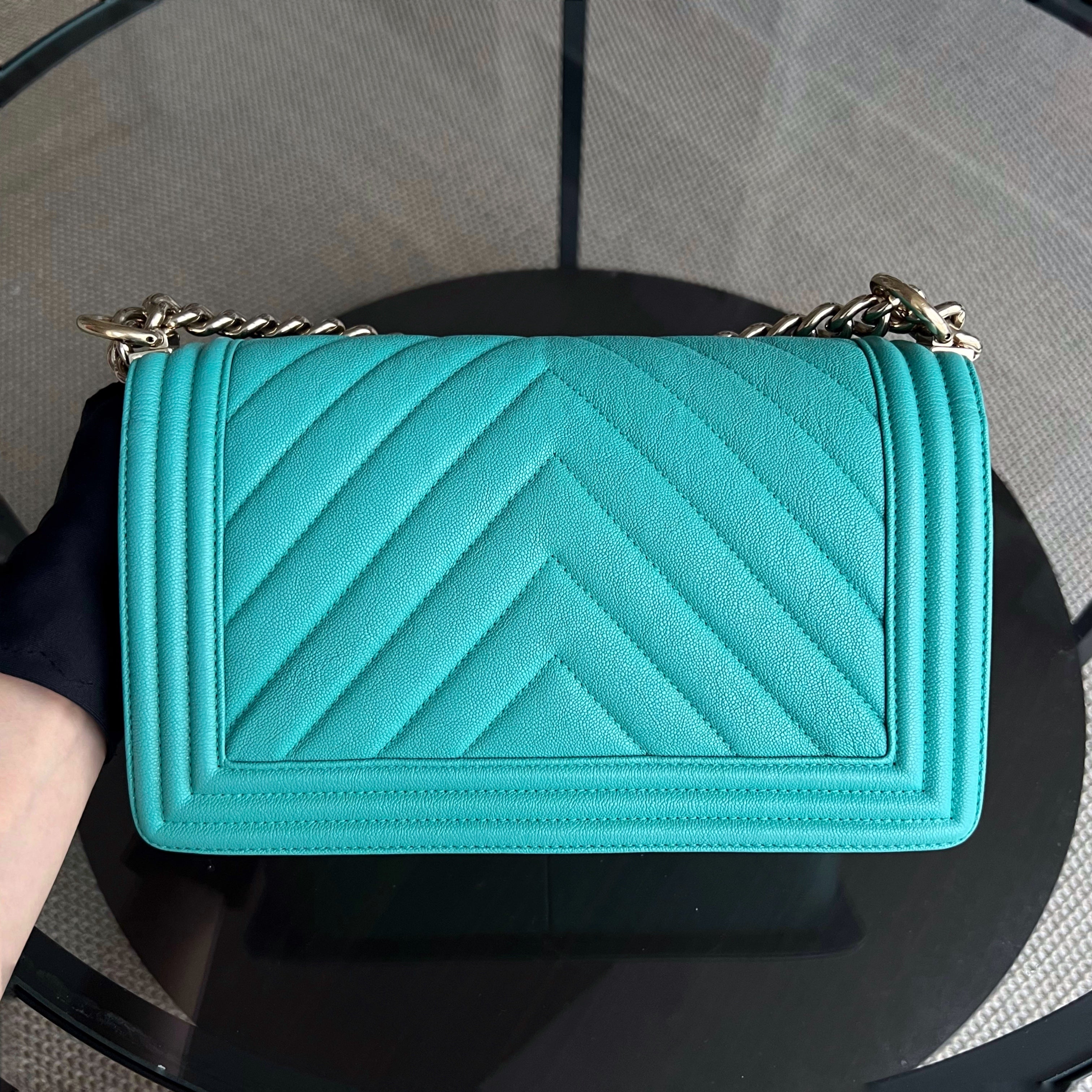 Chanel Caviar Boy Old Medium 25CM Chevron Grained Calfskin Cyan Green Blue Light Golden Hardware Series 27 - Luxury Evermore