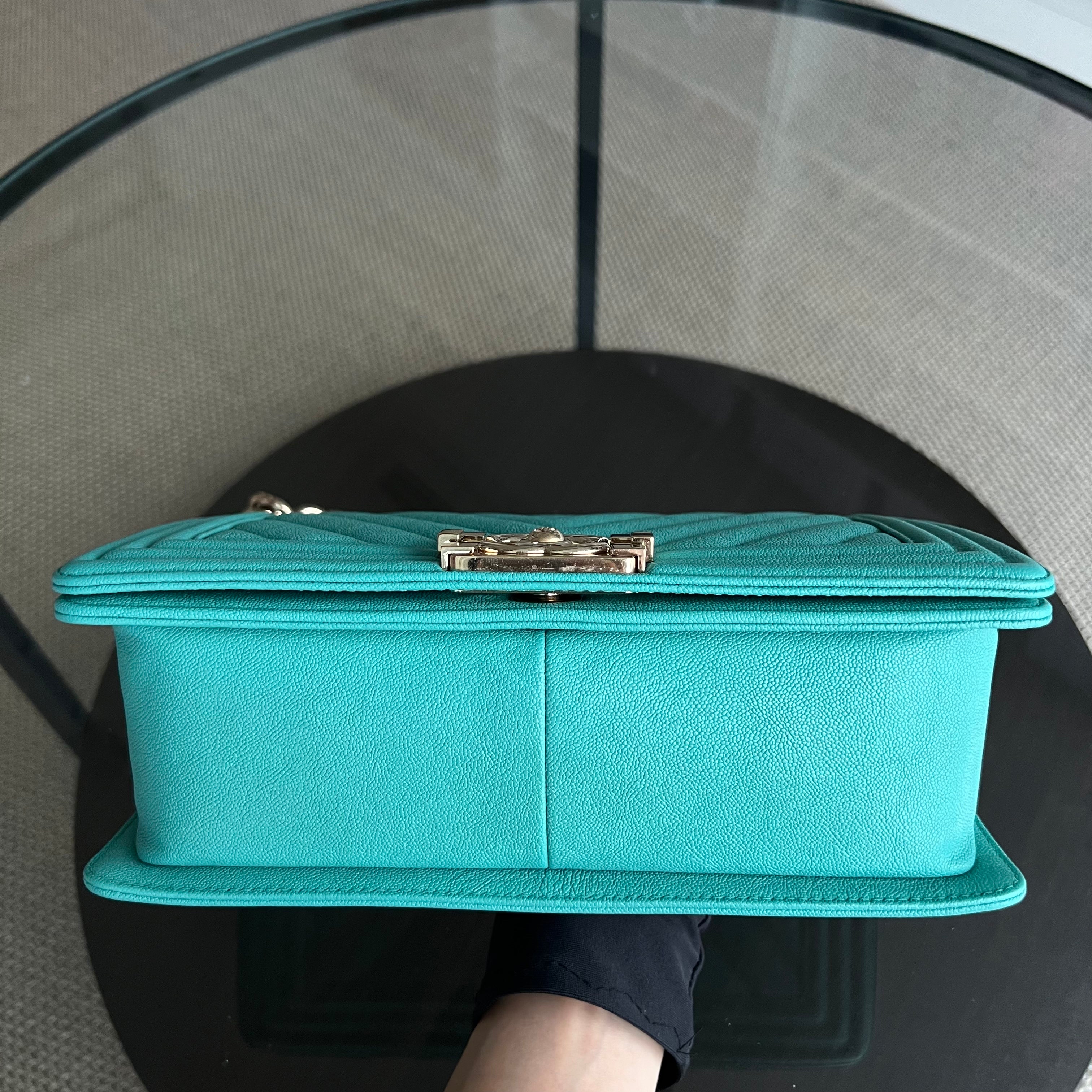 Chanel Caviar Boy Old Medium 25CM Chevron Grained Calfskin Cyan Green Blue Light Golden Hardware Series 27 - Luxury Evermore