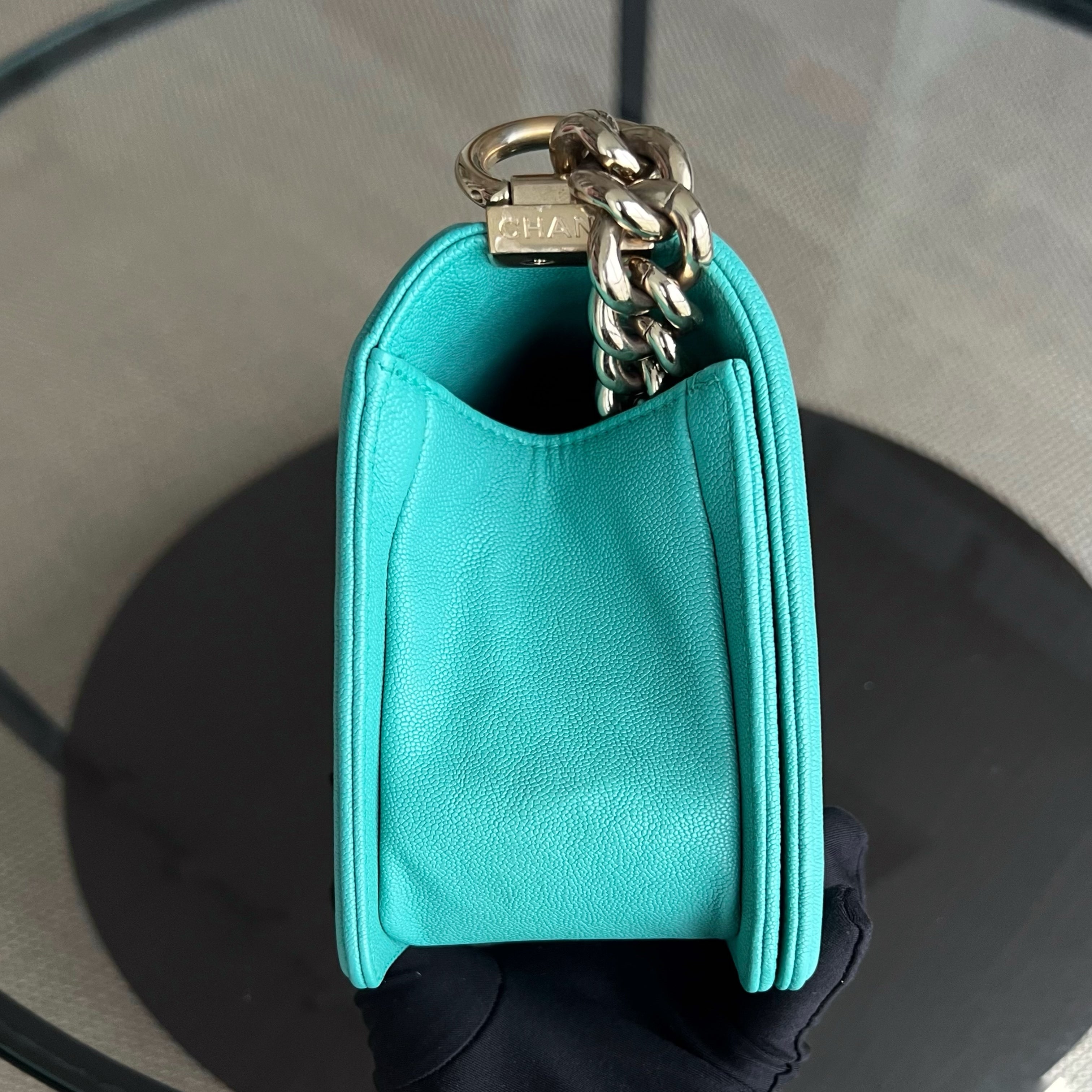 Chanel Caviar Boy Old Medium 25CM Chevron Grained Calfskin Cyan Green Blue Light Golden Hardware Series 27 - Luxury Evermore