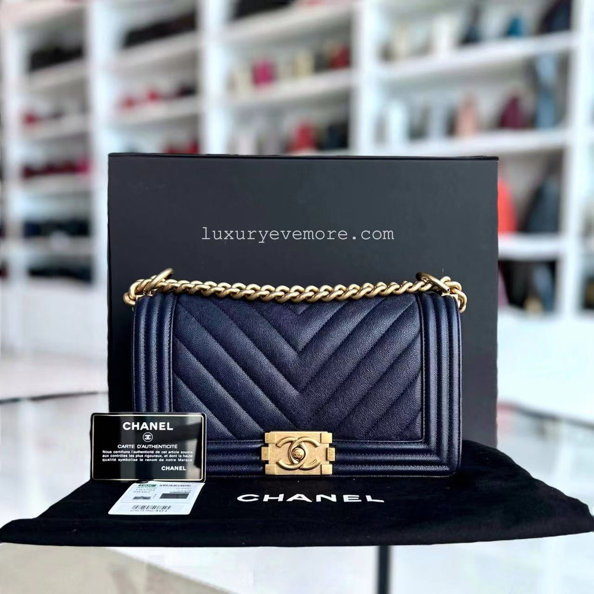 Caviar Leather Chanel Boy Bag Medium Gold Hardware Navy Blue