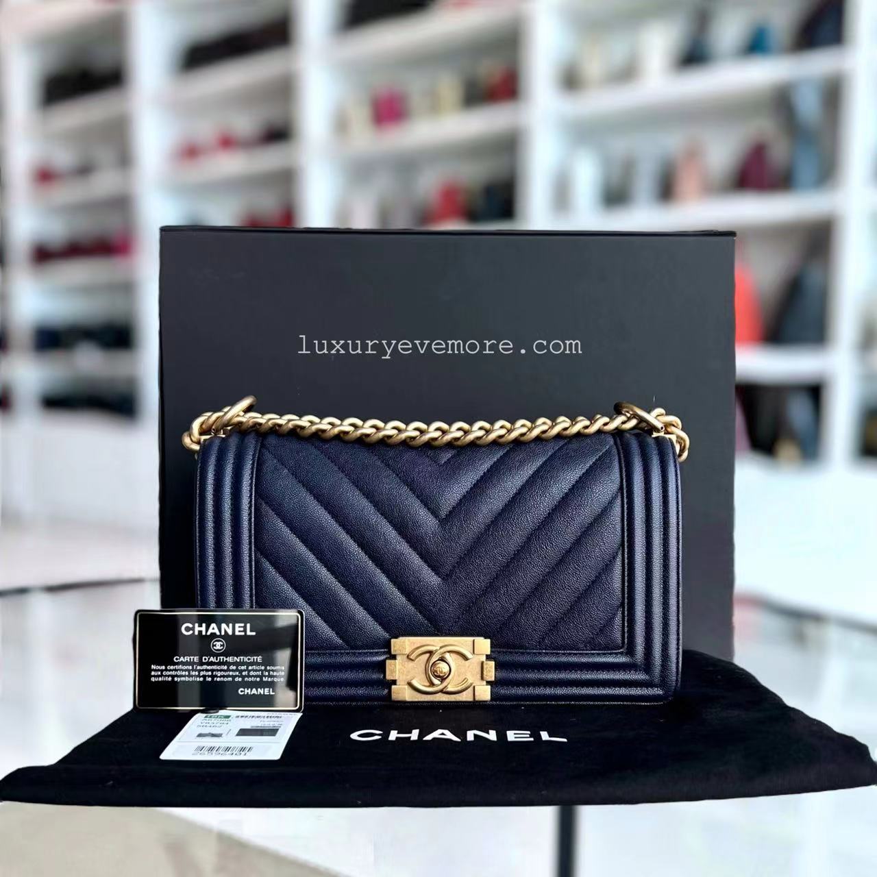 Chanel Caviar Boy Old Medium 25CM Chevron Grained Calfskin Dark Blue Leboy Golden Hardware Series 26 - Luxury Evermore