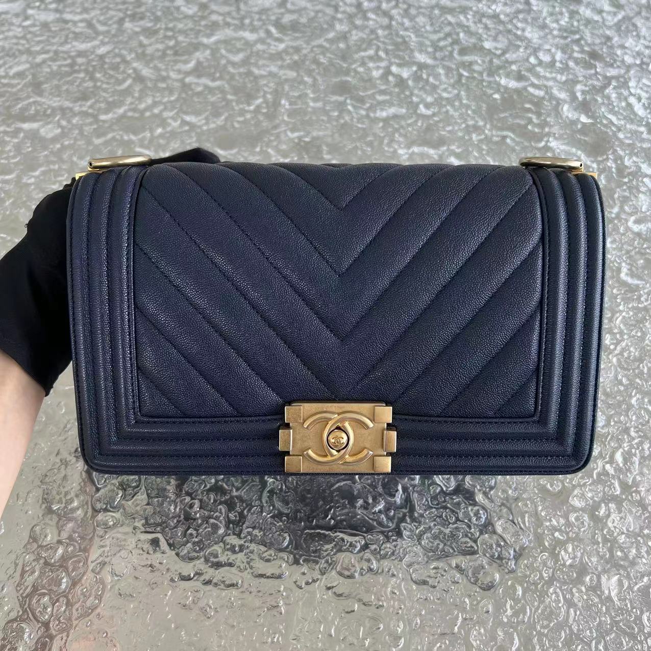 Chanel Caviar Boy Old Medium 25CM Chevron Grained Calfskin Dark Blue Leboy Golden Hardware Series 26 - Luxury Evermore